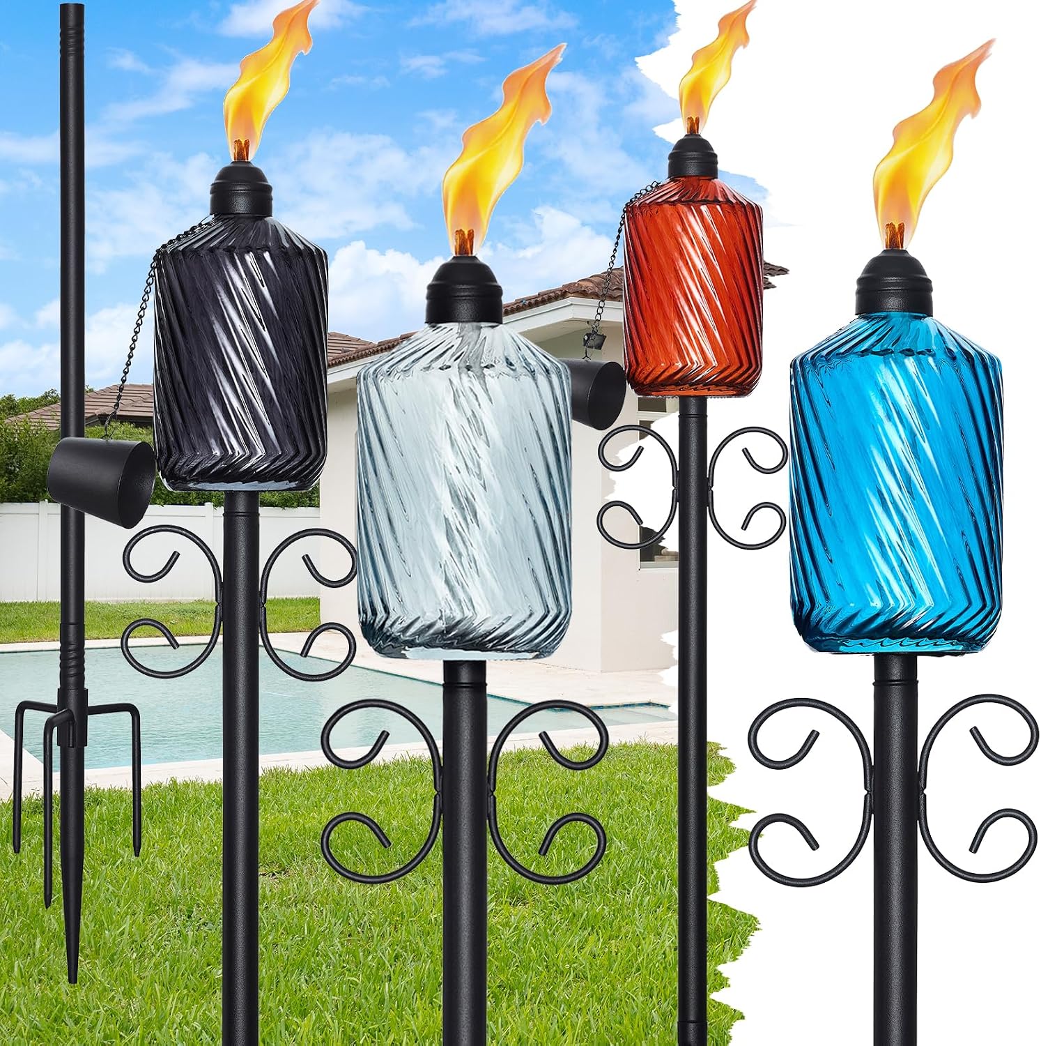 4 Pack Garden Torches for Outside, 14 oz Glass Citronella Torches,29-58 inch Outdoor Citronella Torches with 4-Prong Grounded Stake for Garden, Patio, Party,Yard, Pathway( Multi-Color)