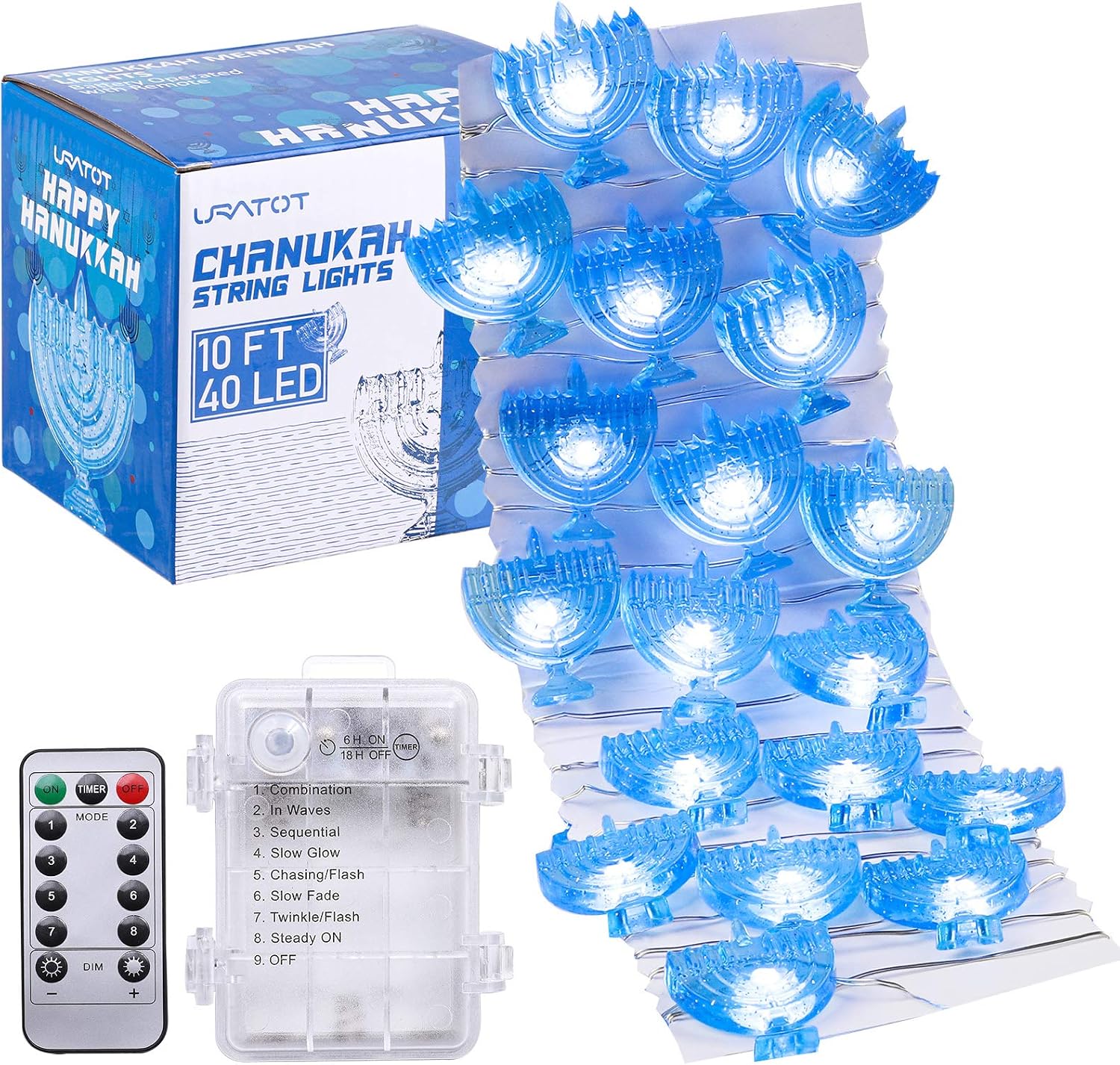 URATOT 10 Feet 40 LED Chanukah Decorative String Lights, Hanukkah Menorah Twinkle Lights Battery Operated with 8 Flash Modes, Remote and Timer for Jews, Synagogue, Judaism Wedding Party Decor