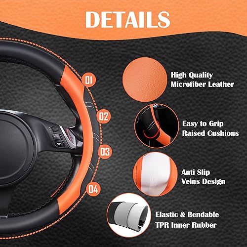 Miniatura 45 de CAR PASS Line Rider - Funda de cuero de microfibra deportiva para volante, ajuste universal para el 95% de camiones, SUV, automóviles, diseño cómodo