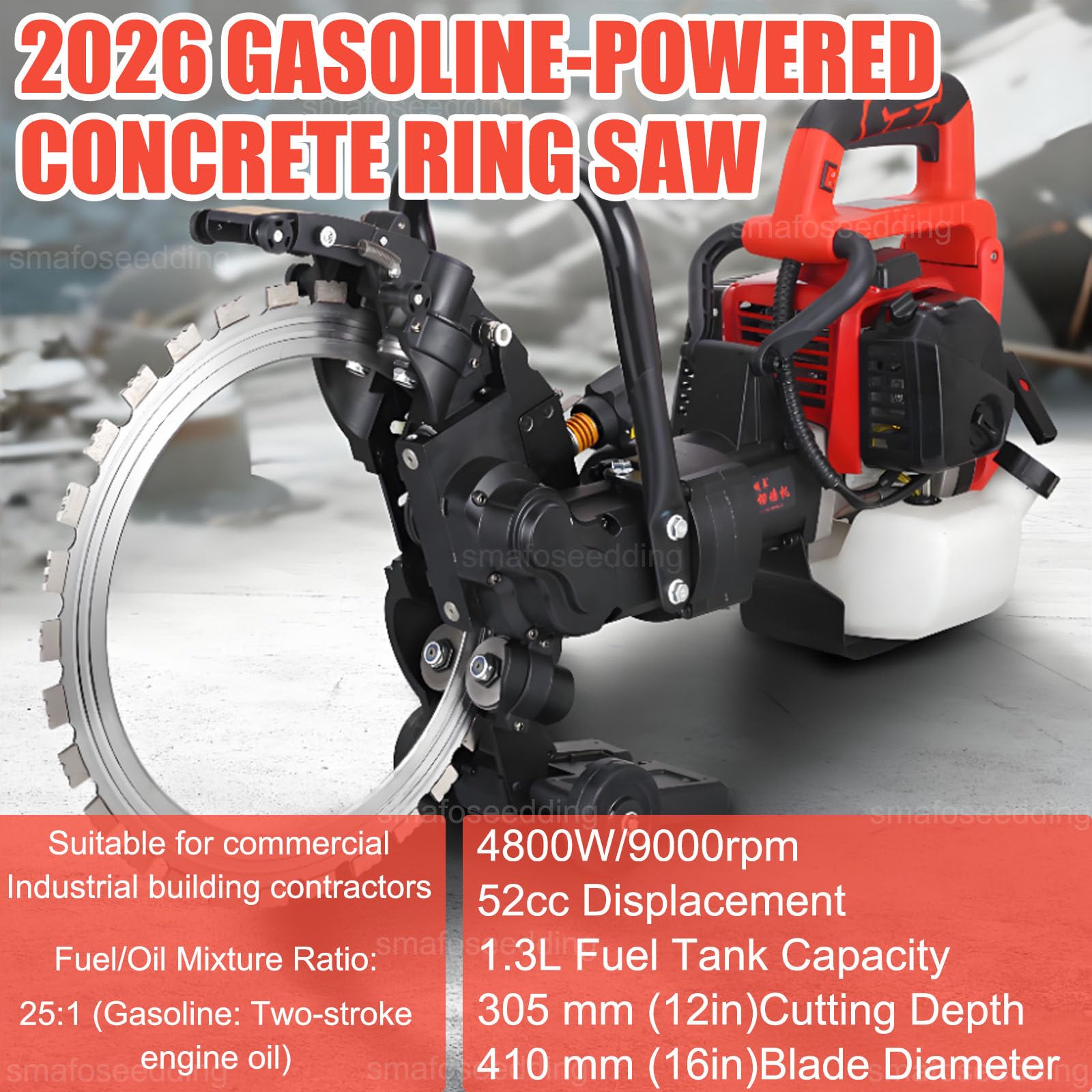 Akumulatorowa Piła Tarczowa Do Betonu Na Benzynę,4800 W52 Cm³,Piła Tarczowa Do Cięcia Betonu Na Gaz,9000 Obr./Min, Głębokość Cięcia 305 Mm/12 Cali,16-Calowa Maszyna Do Cięcia Na Mokro