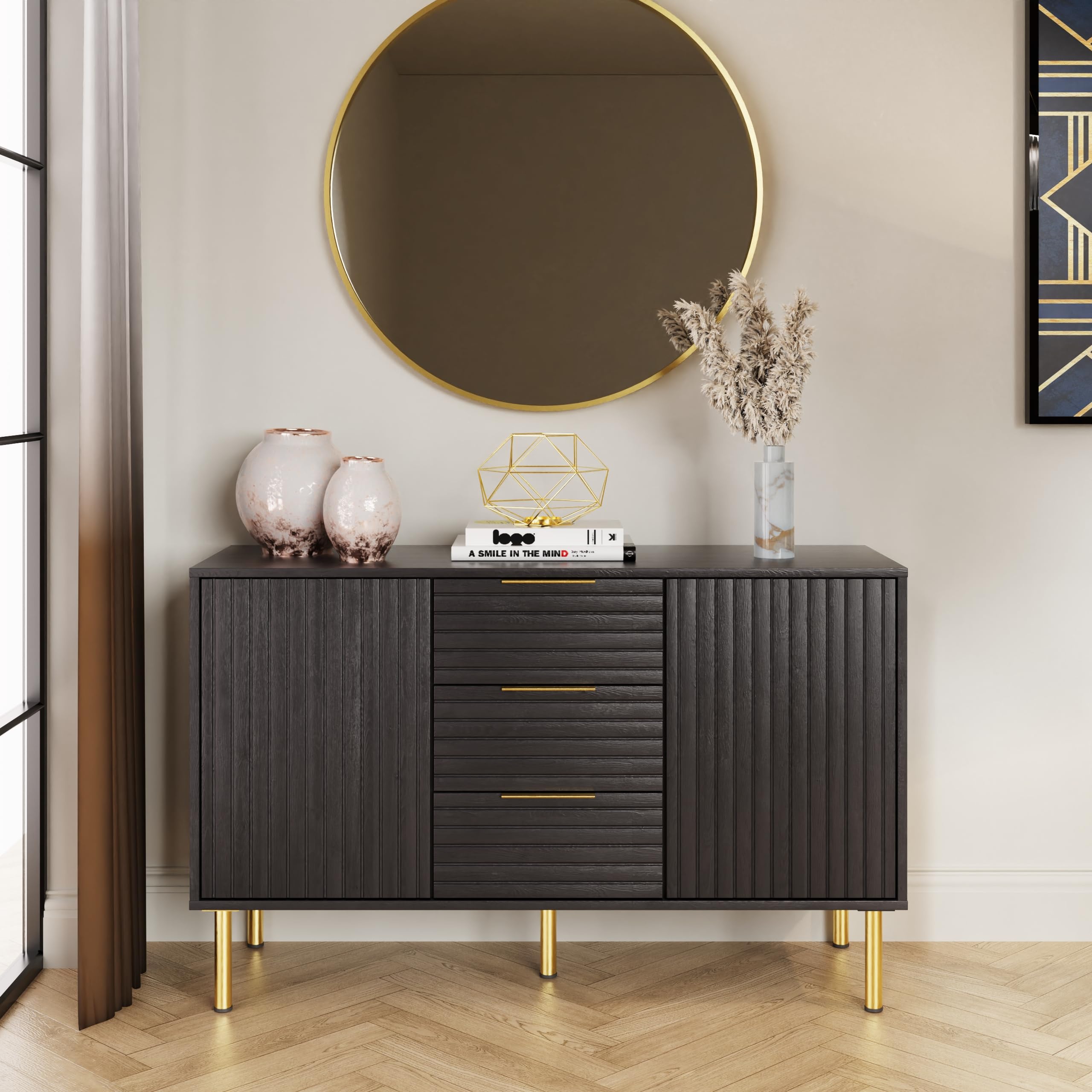GFW Nervata Sideboard, Black Storage Cabinet with 3 Drawers and 2 Doors, Art Deco Style Sideboard with Gold Accents and Wood Grain Texture for Living Room and Dining Room — image 1