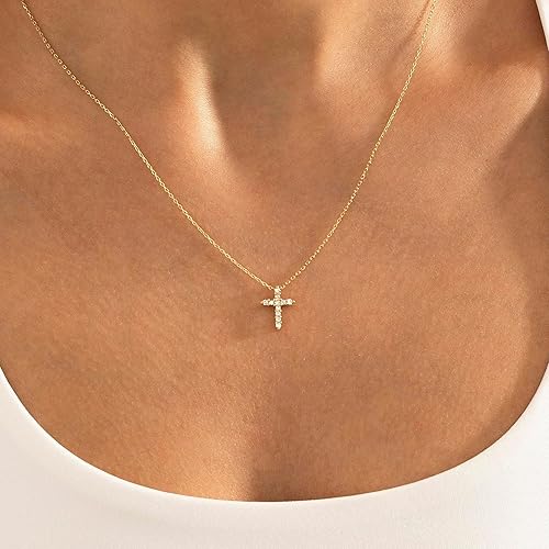 Miniatura 3 de MONOZO - Collar de cruz para mujer, chapado en oro de 14 quilates, collar dorado en capas, cruz lateral pequeña, joyería dorada moderna, regalos