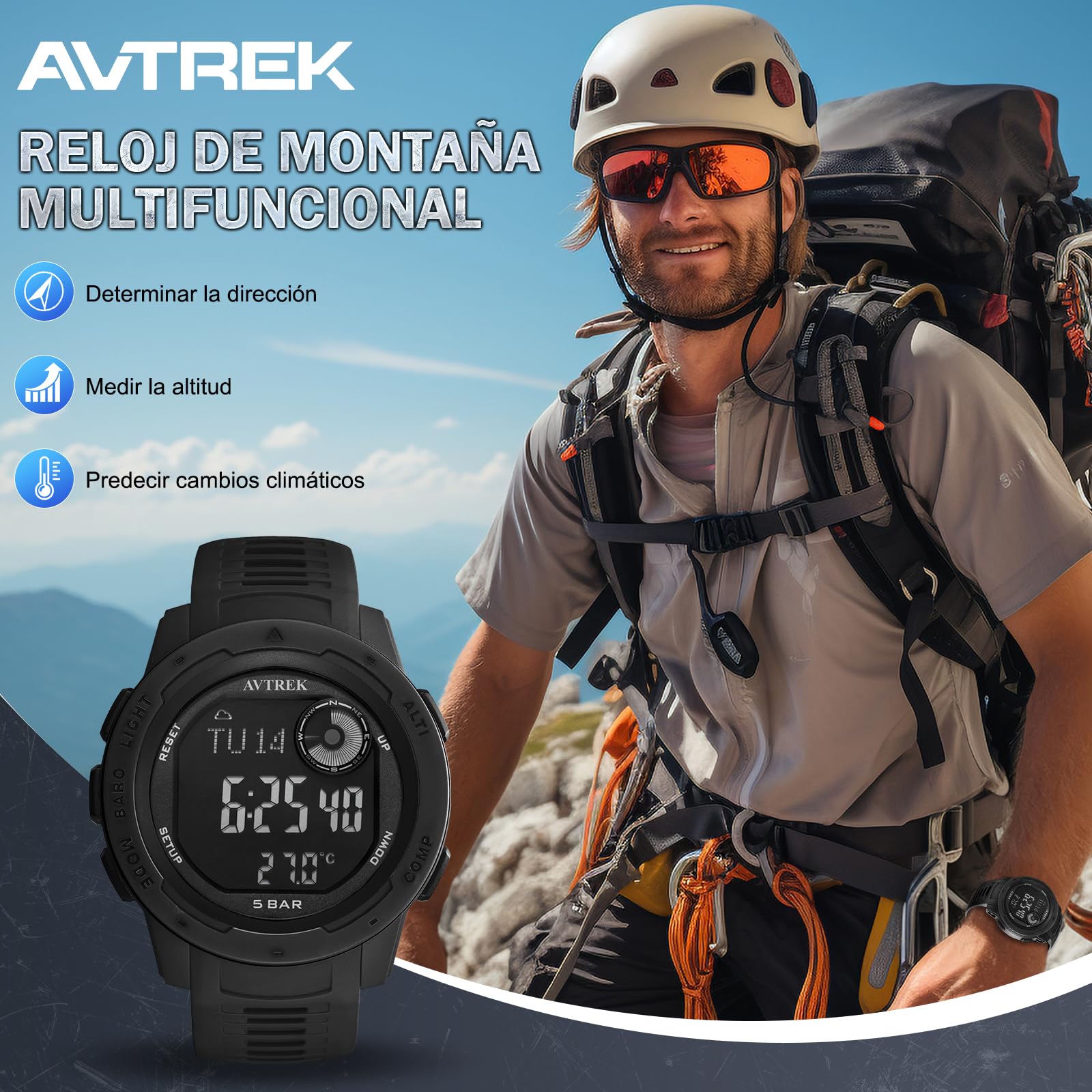 AVTREK Reloj Deportivo Digital Impermeable para Exteriores | Reloj Militar con podómetro, altímetro y brújula Hombres, Mujeres y Adolescentes