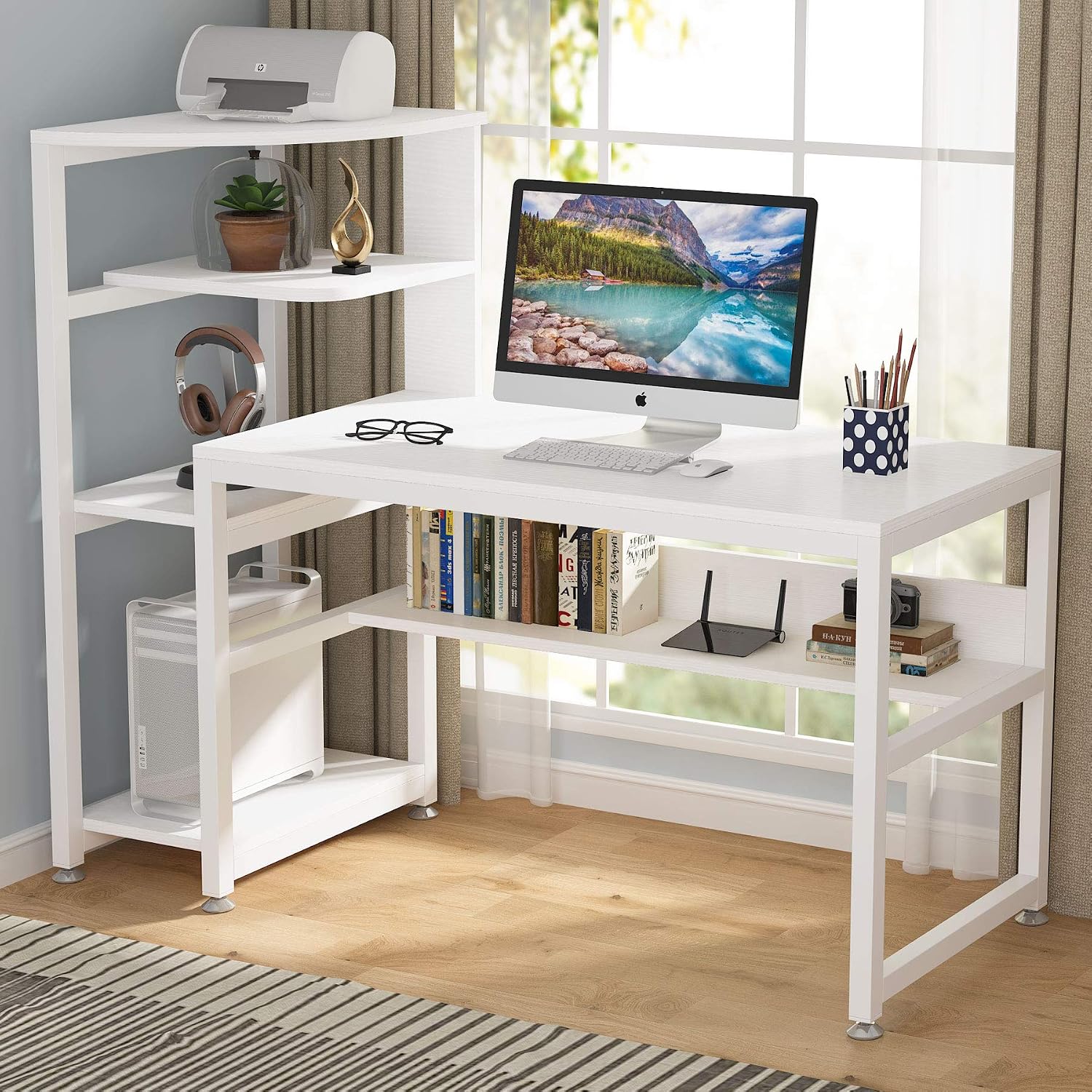 Tribesigns Computer Desk with 4-Tier Storage Shelves, 58 inch Large Industrial Office Desk Study Writing Table Workstation with Bookshelf for Home Office (White)