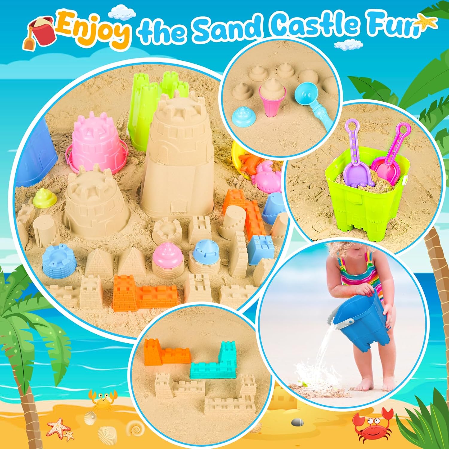 Beach Toys for Kids Toddlers, Sand Castle Toys with 4 Sand Bucket and Shovels, Mesh Bag & Molds, Ice Cream Travel Sandbox for Beach Sandbox for Toddlers Kids Baby Boys Girls Age 3-10 - Image 4