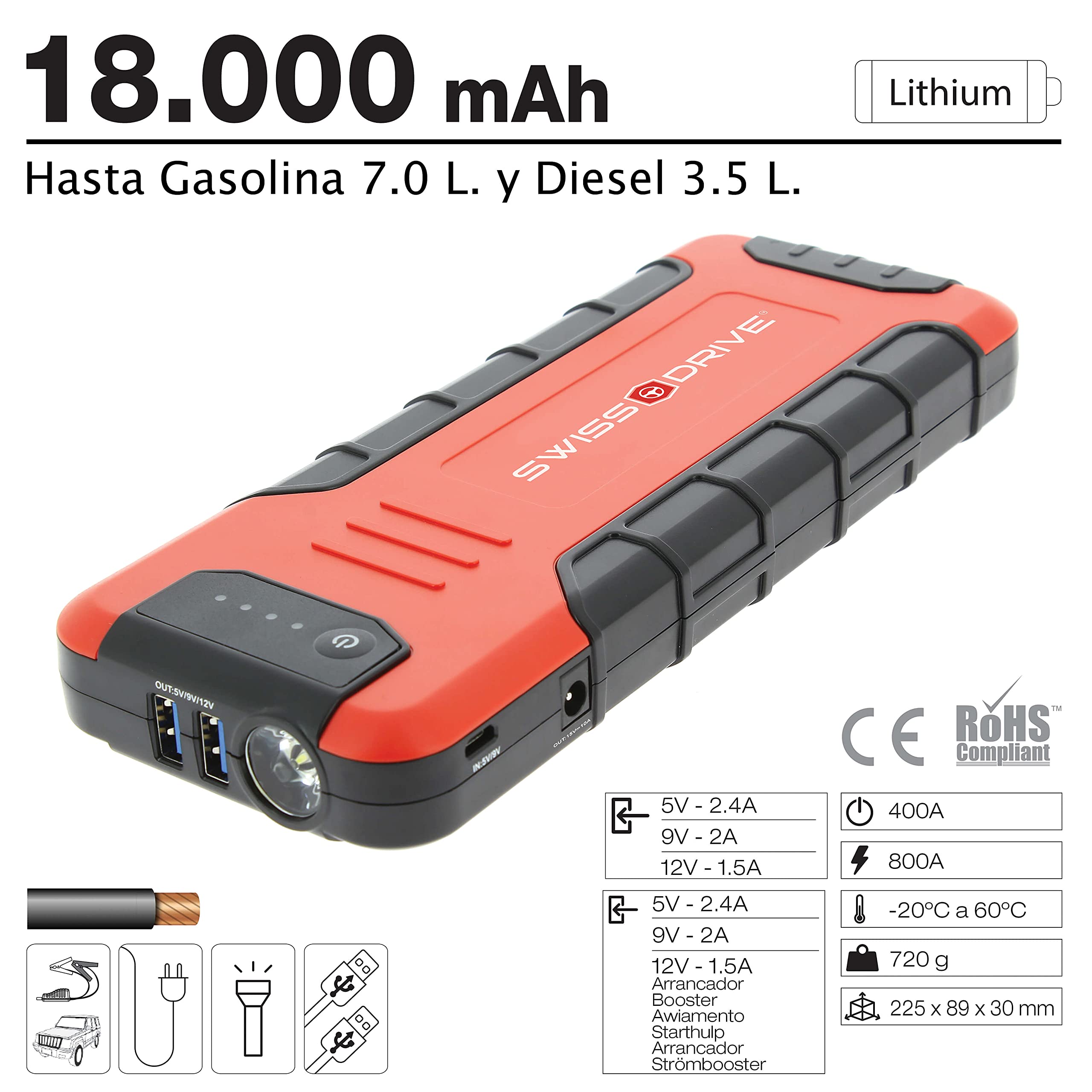 S SUMEX 3505152 Arrancador Portátil Alta Potencia 18.000 mAh / 400 A con Linterna LED Integrada con 3 Modos Incluye Cable Multidispositivo Power Bank