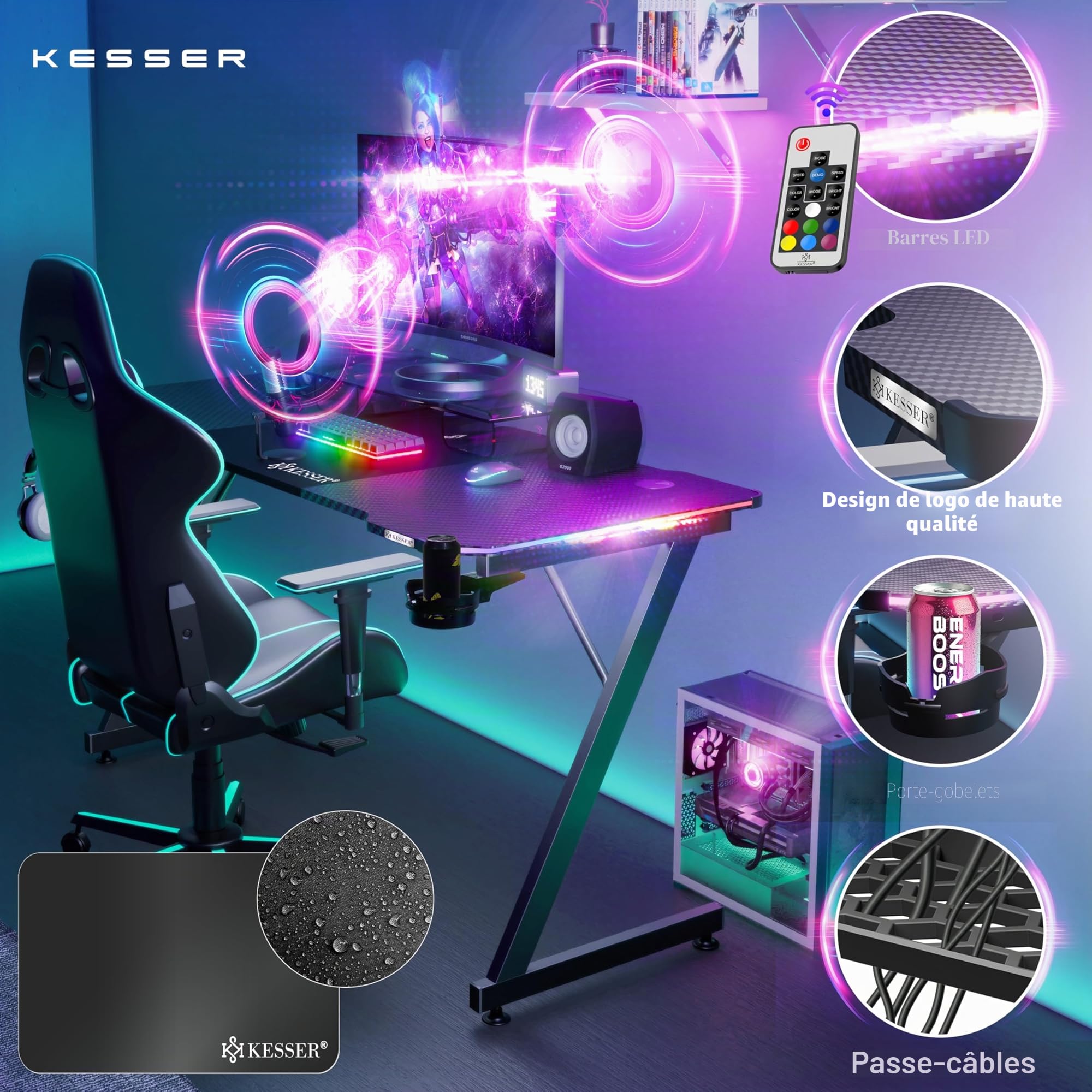 KESSER® Table de Jeu LED - 180 cm x 80 cm - Bureau Gamer en Forme de Z - Crochet pour Casque et revêtement en Carbone - Bureau d'ordinateur Ergonomique - Table Stable avec Porte-gobelet - Noir