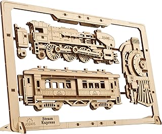 UGEARS 2.5D Framed Steam Express - Classic Train Wood Model Kit with Movable Wheels, Mechanisms & Doors â€“ Steam Train Wooden Puzzle Model Kits for Adults - Home and Office Decor
