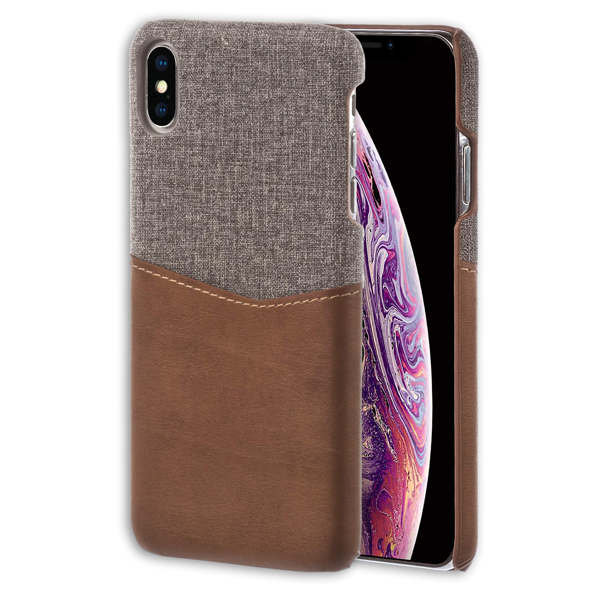 Lilware Card Wallet Plastic Phone Case for Apple iPhone Xs. Fabric Texture and PU Leather Protective Cover with ID/Credit Card Slot Holder. Brown