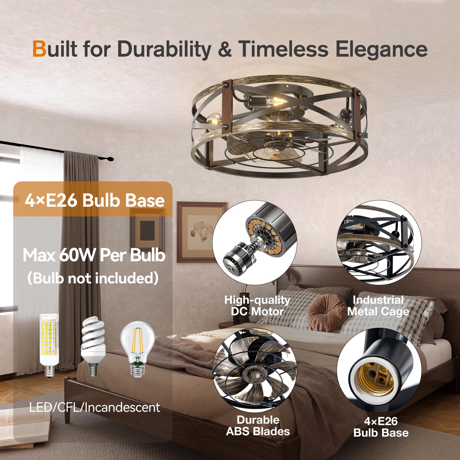 addlon 20 inch Farmhouse Flush Mount Ceiling Fans with Lights and Remote, Small Black Caged Low Profile Fandelier, 6 Speeds Bladeless Ceiling Fan for Bedroom, Kitchen, Living Room, Indoor - 5