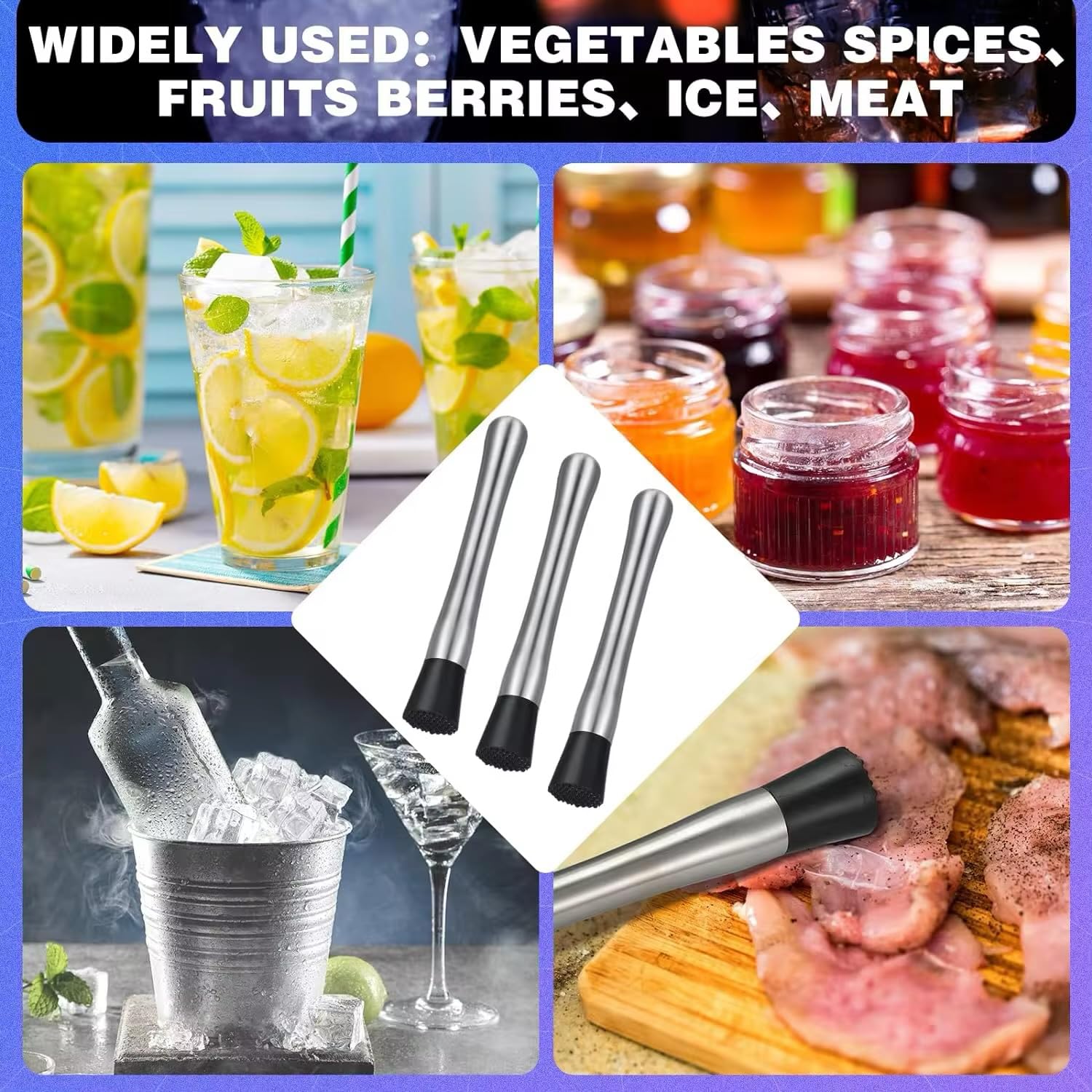 10 piezas de mortero para cócteles de acero inoxidable para bebidas, 8 pulgadas de largo, mojito mortero, herramienta para bebidas, trituradora de hielo, juego de herramientas de camarero para el