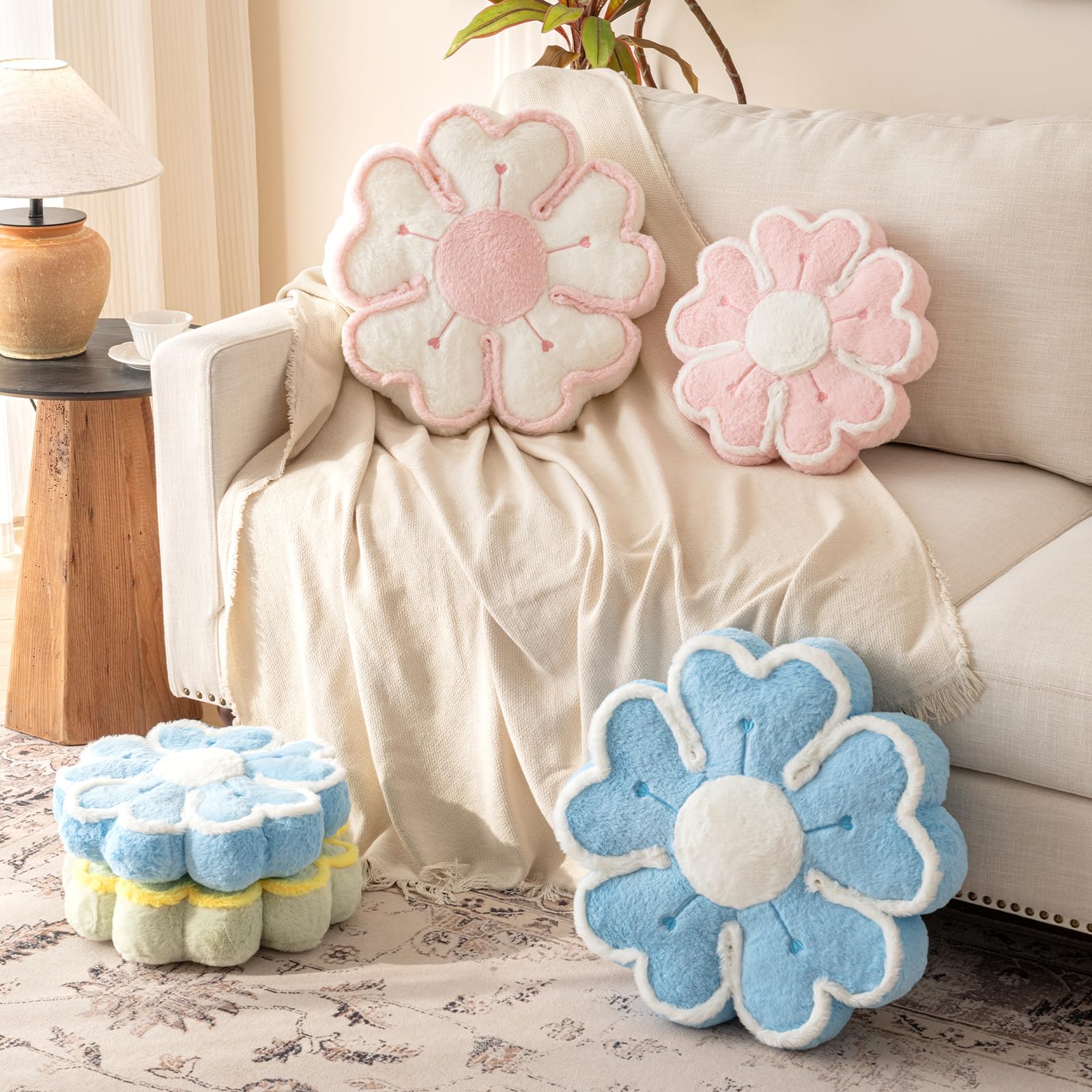 Almohada de flores, cojín decorativo en forma de flor para cama y sofá, lindas almohadas de felpa para decoración del hogar, almohada de suelo (azul, 17.7 pulgadas)