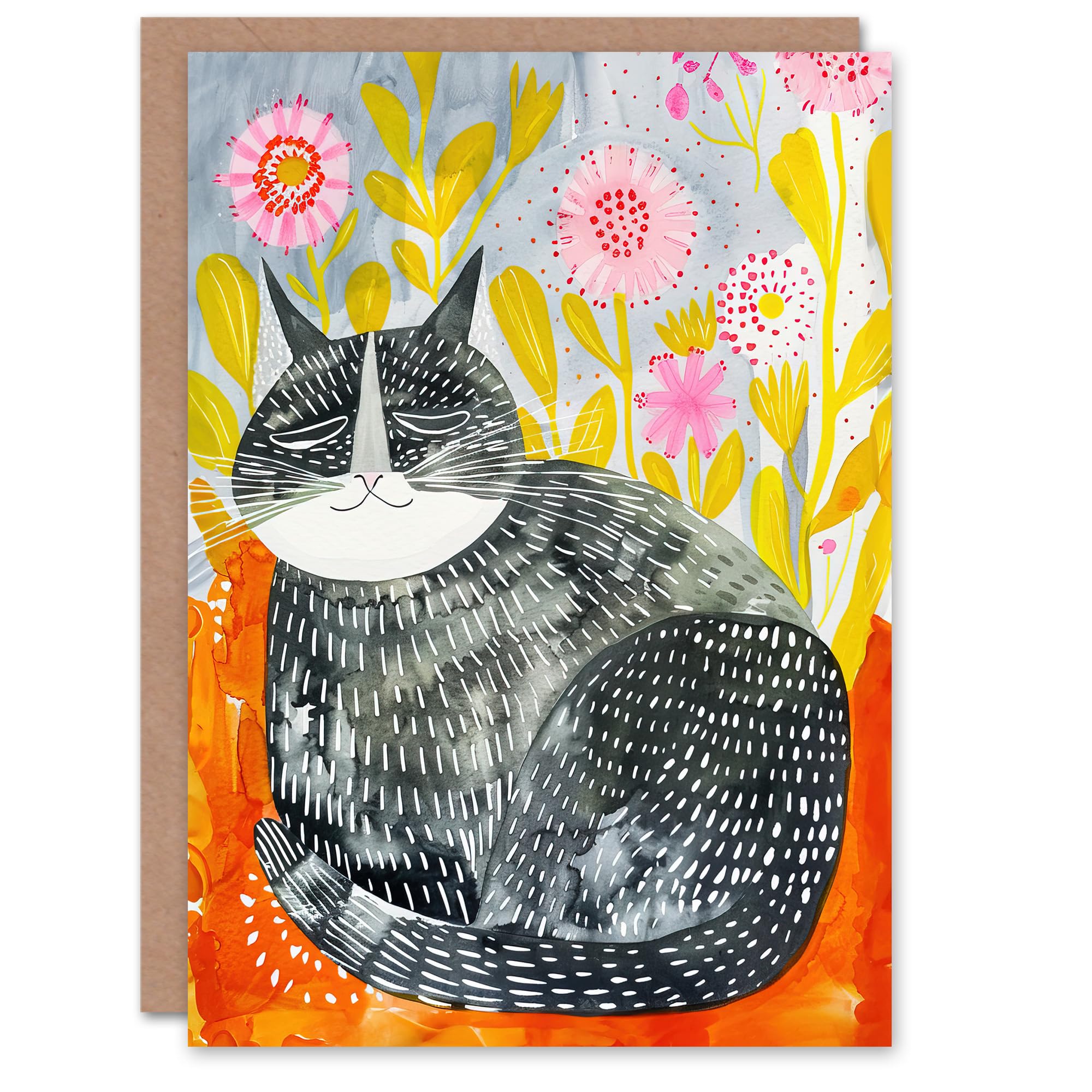Artery8 Greeting Card Happy Maine Coon with Flowers Cat Lover Folk Art For Child Kids Birthday Card