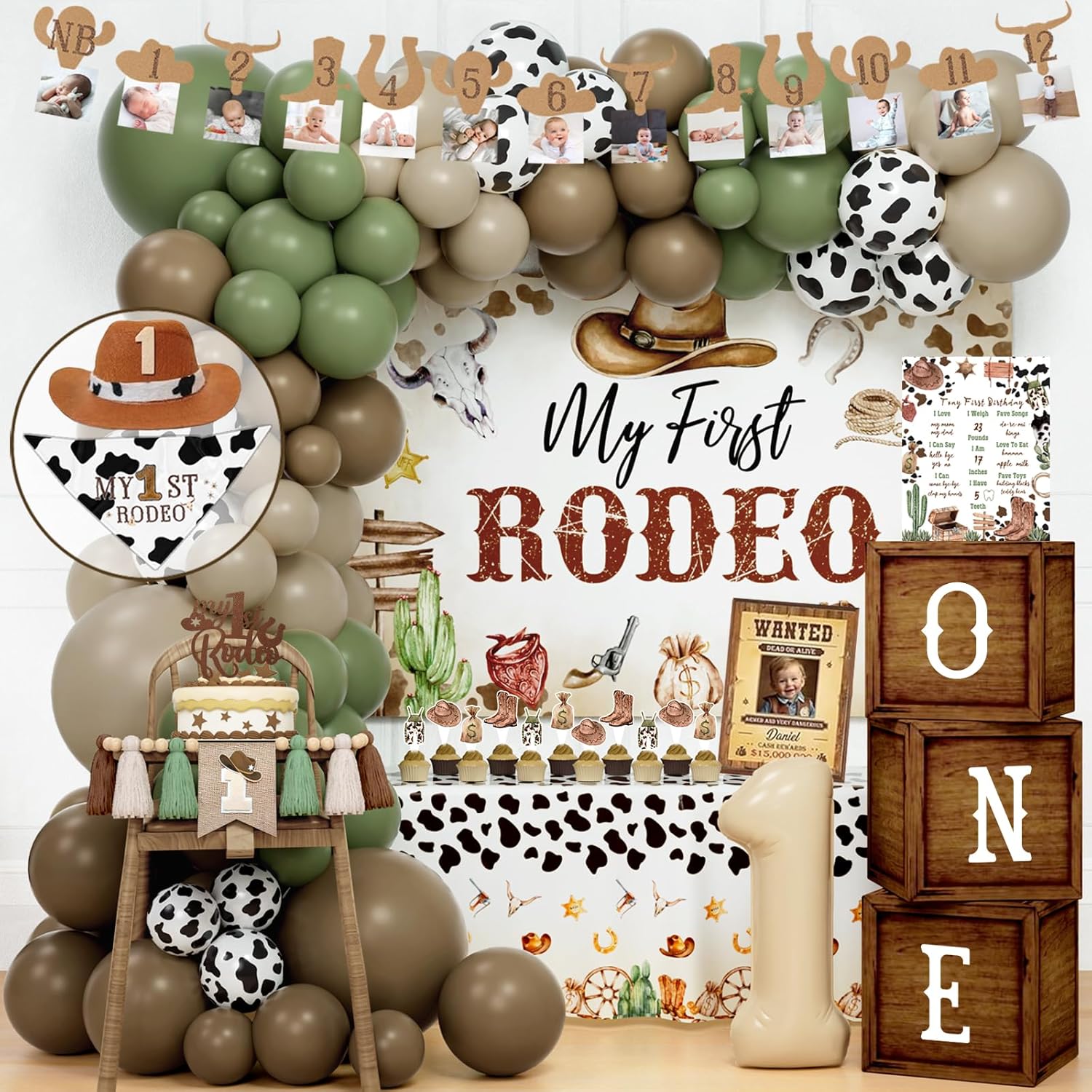 My First Rodeo Decorations Boy – 128 PCs Western Cowboy 1st Birthday Supplies with Balloon Garland, Backdrop, Cake Topper, One Box for How The West Was One Year Old Party