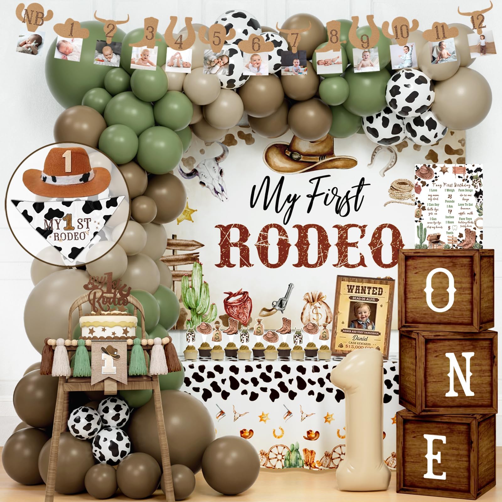Party Inspo My First Rodeo Decorations Boy – 128 PCs Western Cowboy 1st Birthday Supplies with Balloon Garland, Backdrop, Cake Topper, One Box for How The West Was One Year Old Party
