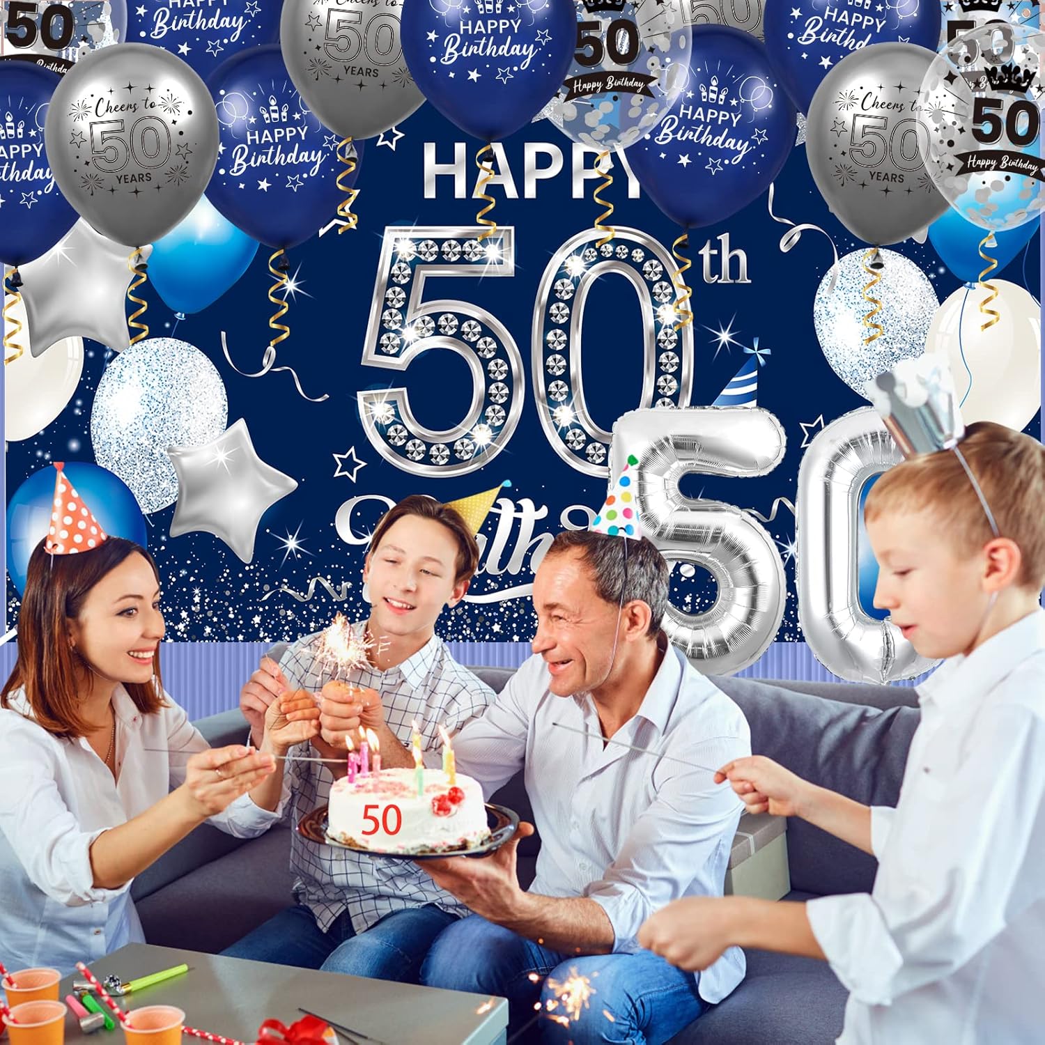 50th Birthday Decorations for Men, 131Pcs Navy Blue Silver 50th Birthday Party Supplies Includes Blue Happy 50th Birthday Banner Balloons Napkins Cups Tablecloth Foil Backdrops for 50th Birthday Decor