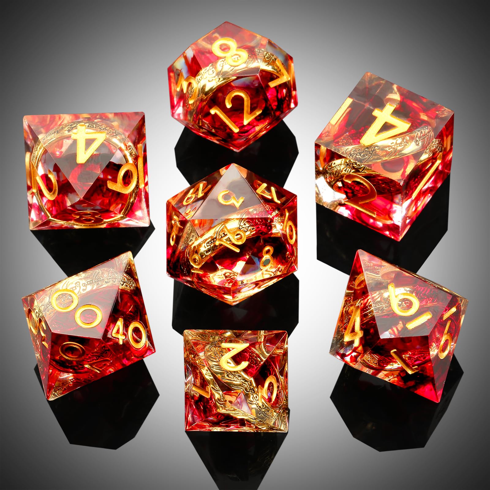 DNDND Blutrote DND-Würfel-Set mit scharfer Kante, 7-teilig, Wirbelharz-RPG-Würfel mit goldenem Ring im Inneren, für Dungeons & Dragons, Vampir, Call of Cthulhu – Dark Fantasy-Sammlergeschenk mit