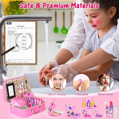 Miniatura 6 de Kit de maquillaje para niñas  Juguetes de maquillaje lavables 2 en 1 para niños y kits de arte de uñas con secador de uñas y estuche de cosméticos,
