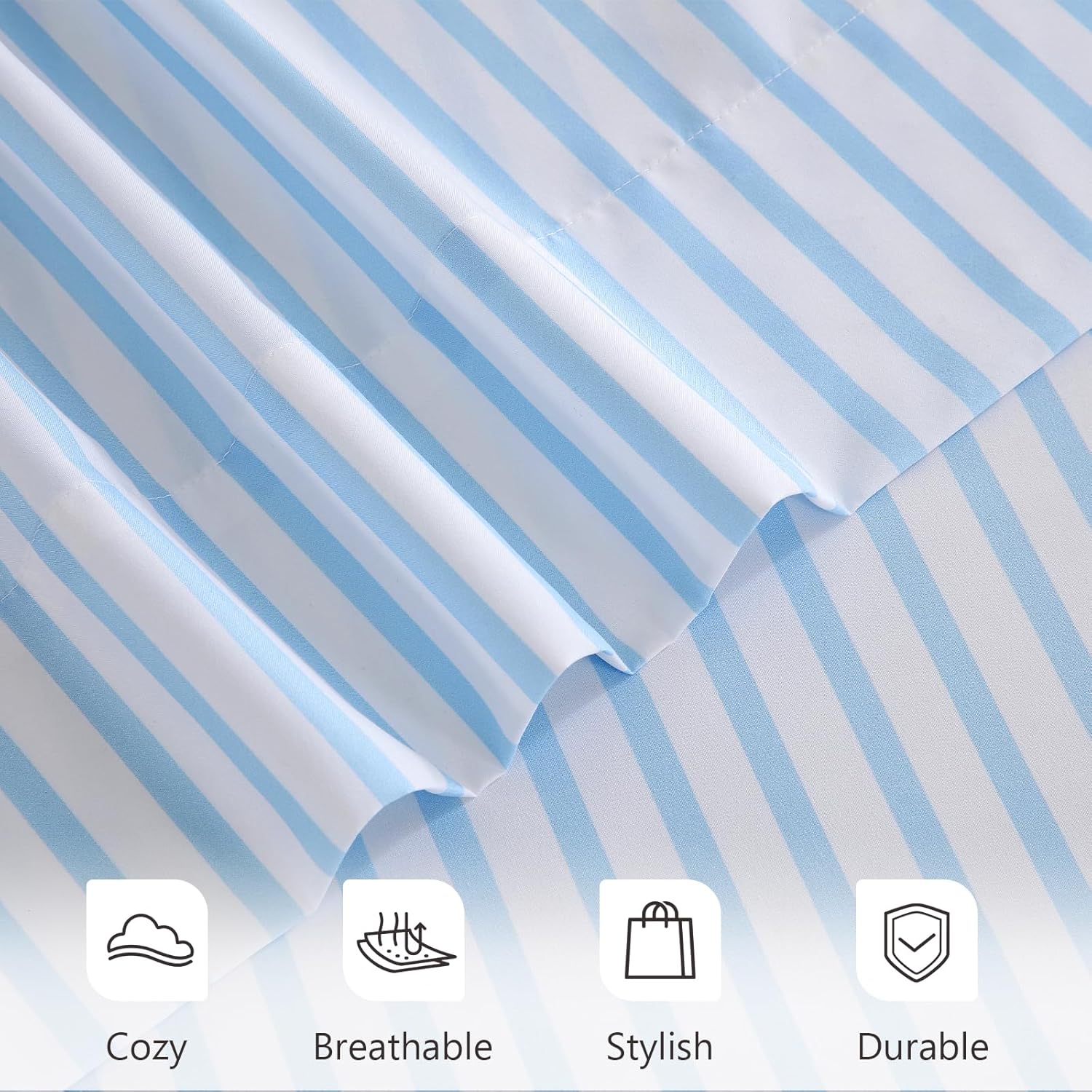 MCO 4Pieces Striped Sheets Set, Breathable Queen Sheet Set with 16" Deep Pocket,Modern & Luxury, Brushed Microfiber Bedding Set(Queen, Blue Simple)