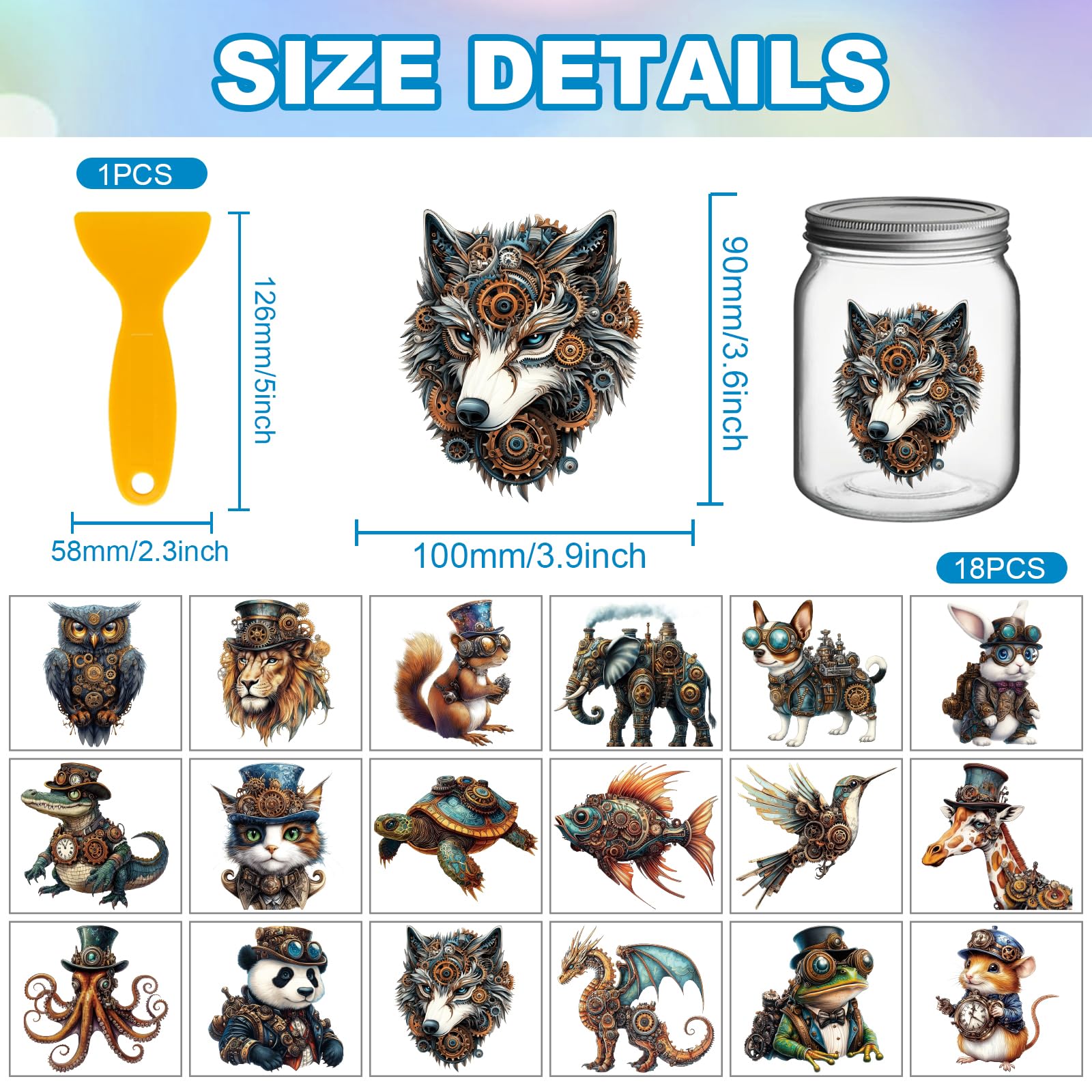 GLOBLELAND 18 Sheets Steampunk Animal Transfer Stickers 3.9x3.6inch Dragon Fish Elephant Colorful Transfer Decal Frog Giraffe Rub on Transfer for Cup Decal Vase Glass Art Crafts Decorations - Image 2