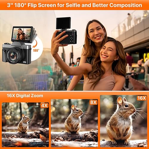 Miniatura 3 de Cámara digital 4K para fotografía 64MP WiFi Vlogging Cámara para YouTube Autofocus 3" 180 Flip Screen 16X Zoom Cámaras de viaje compactas con