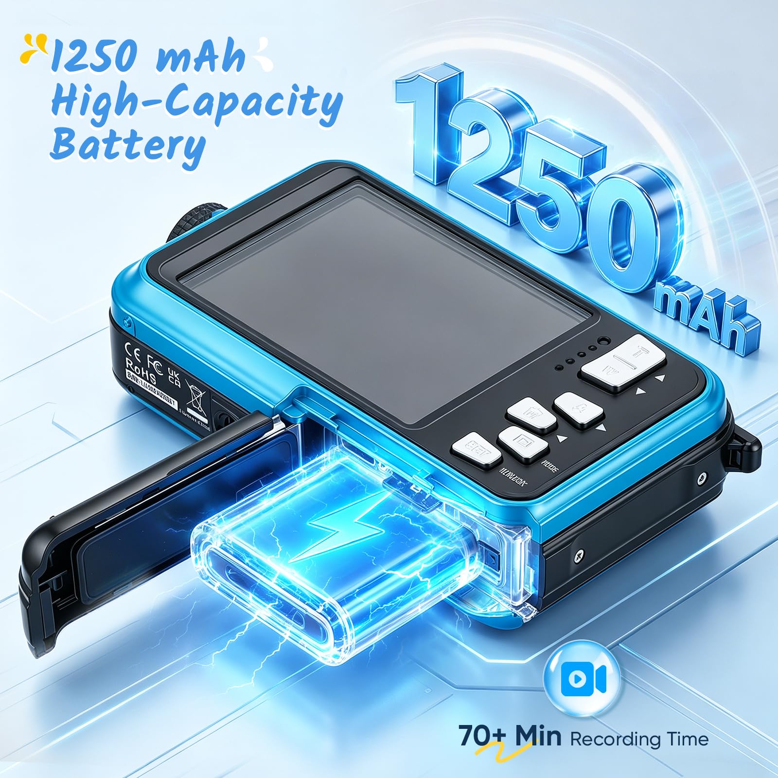 Fotocamera subacquea da 64 MP con messa a fuoco automatica e video 4K, IP68 impermeabile fino a 4,9 m, fotocamera digitale con scheda da 32 GB, doppio display, zoom 16X per snorkeling, blu