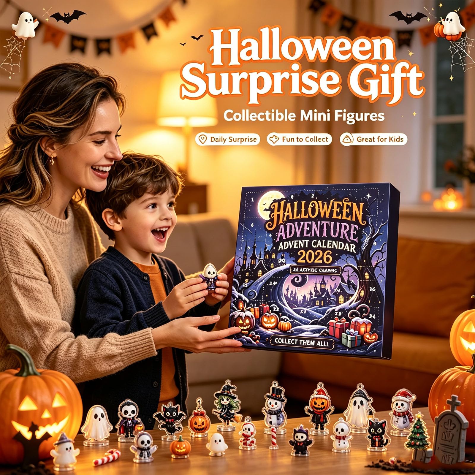 Calendario dell'Avvento Avventura di Halloween con figure spettrali (3pcs) | Scatola cieca quotidiana fatta a mano Sorprese quotidiane, decorazioni di mini personaggi per regalo da esposizione domestica