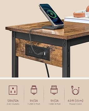 VASAGLE Bar Table, Narrow Long Kitchen Dining Table with Charging Station, Sturdy Metal Frame, Industrial, 15.7 x 39.4 x 35.4 Inches, Rustic Brown and Ink Black ULBT101K01