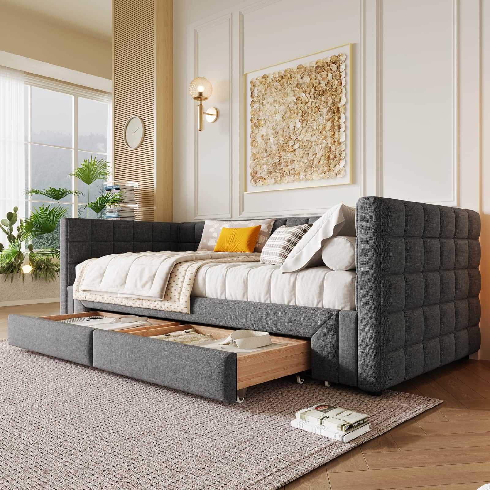 PUGSDRLY Canapé Lit Convertible 90/180x200cm avec 2 Tiroirs,canapé lit 2 Places Convertible Multifonctionnel,capitonné,sommier à Lattes,Tissu Velours,sans Matelas (Gris-B)
