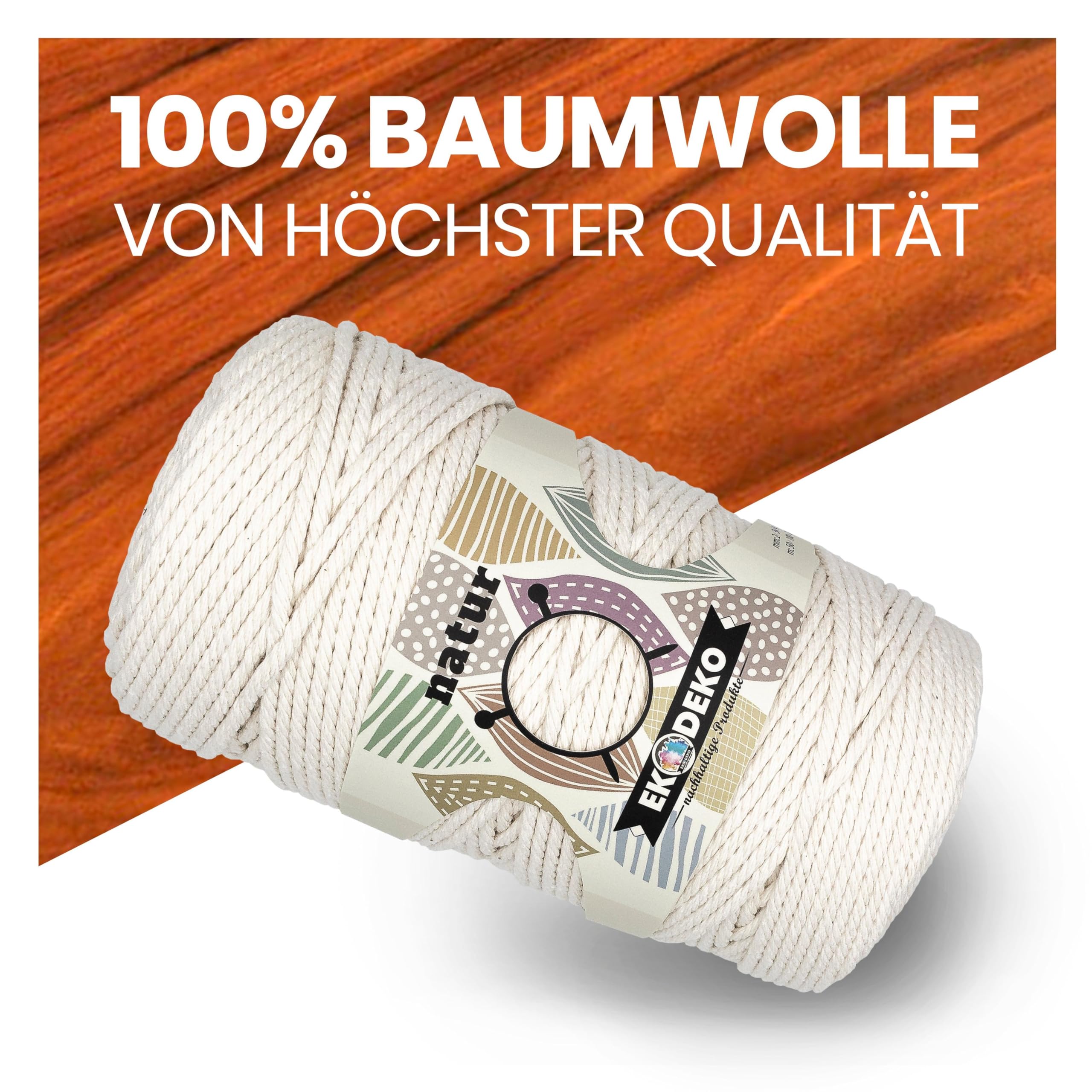 EkoDeko Makramee Garn 3 mm – 900 m – Extra langes Garn aus 100 % Baumwolle für Makramee, Bastelarbeiten & Floristik – weich & robust verarbeitet