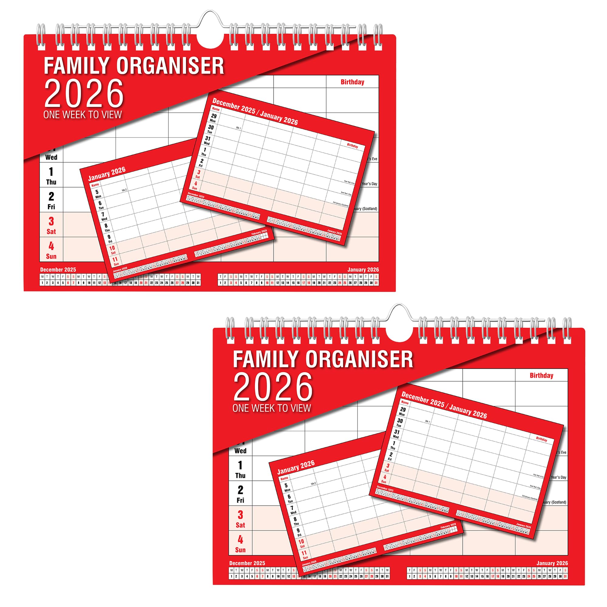 Arpan Family Organiser Calendar 2026, Week to View, 5 Column Planner, Wall Calendar with Notes Section (Red - Pack of 2) — image 1
