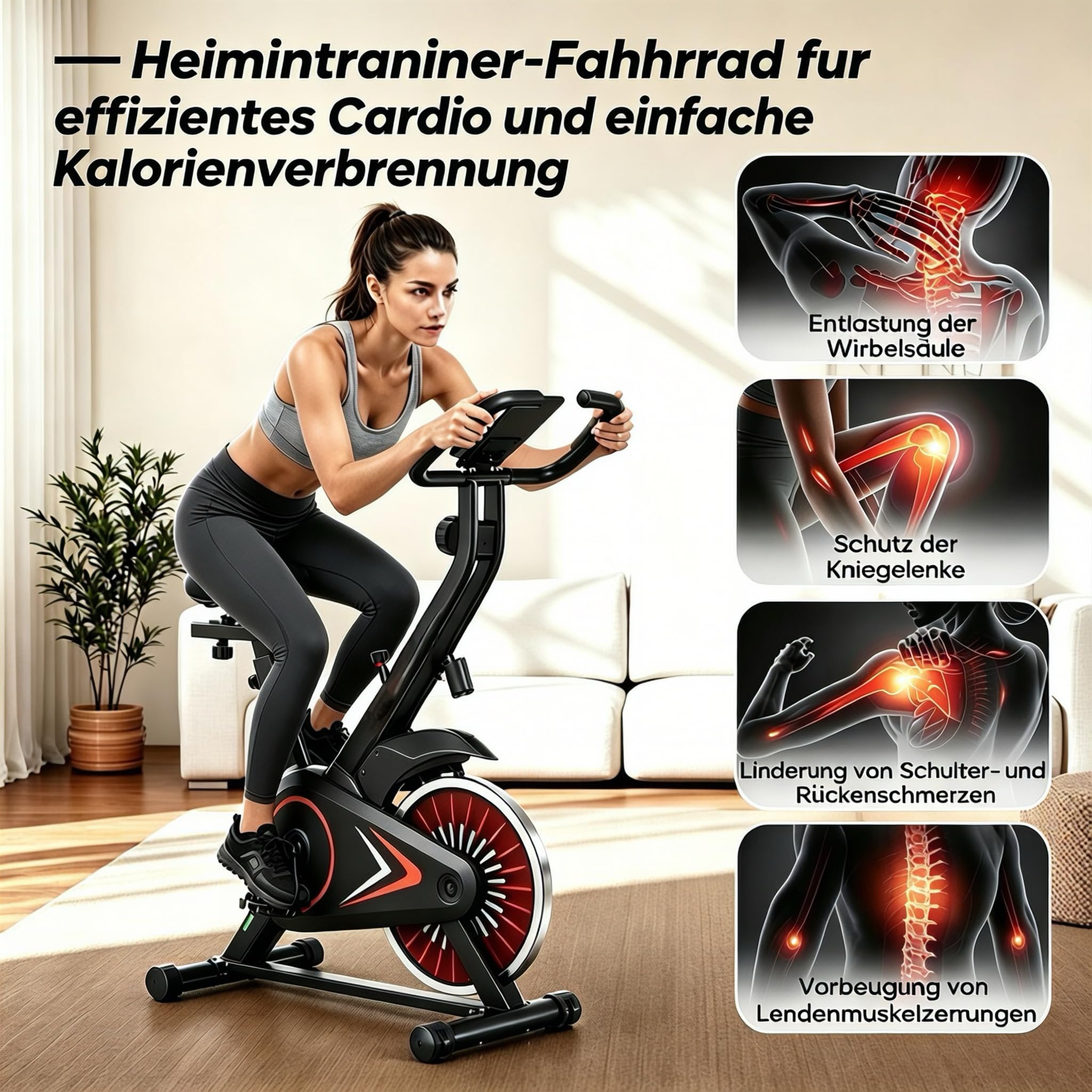 Exercise Bike, Quiet Exercise Bike with Adjustable Magnetic Resistance, Fixed Home Bike with Height Adjustment, Portable Cardio Training (Black/Red)