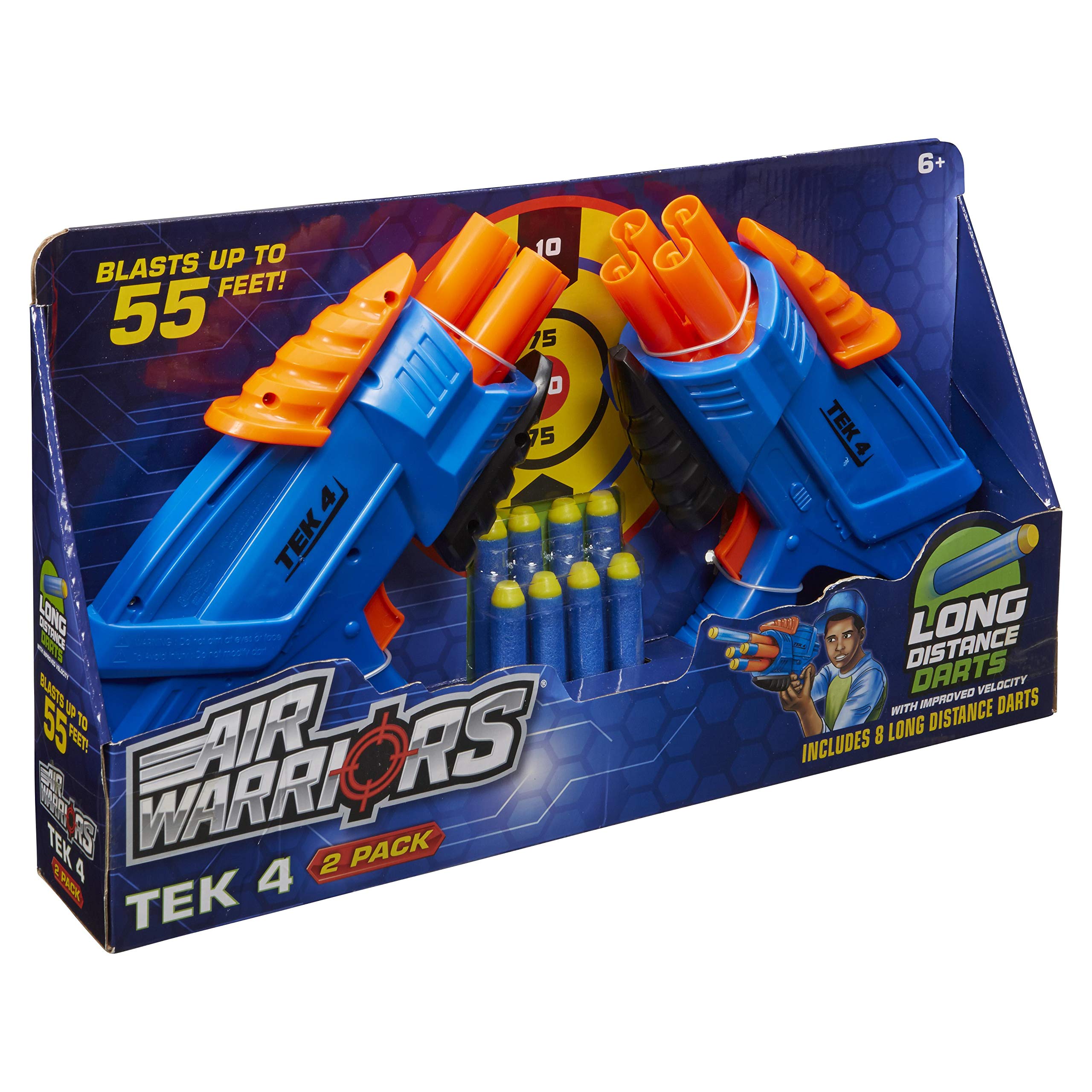 Buzz BeeToys Air Warriors Tek 4 Twin Pack with 8 Darts, Blue & Orange