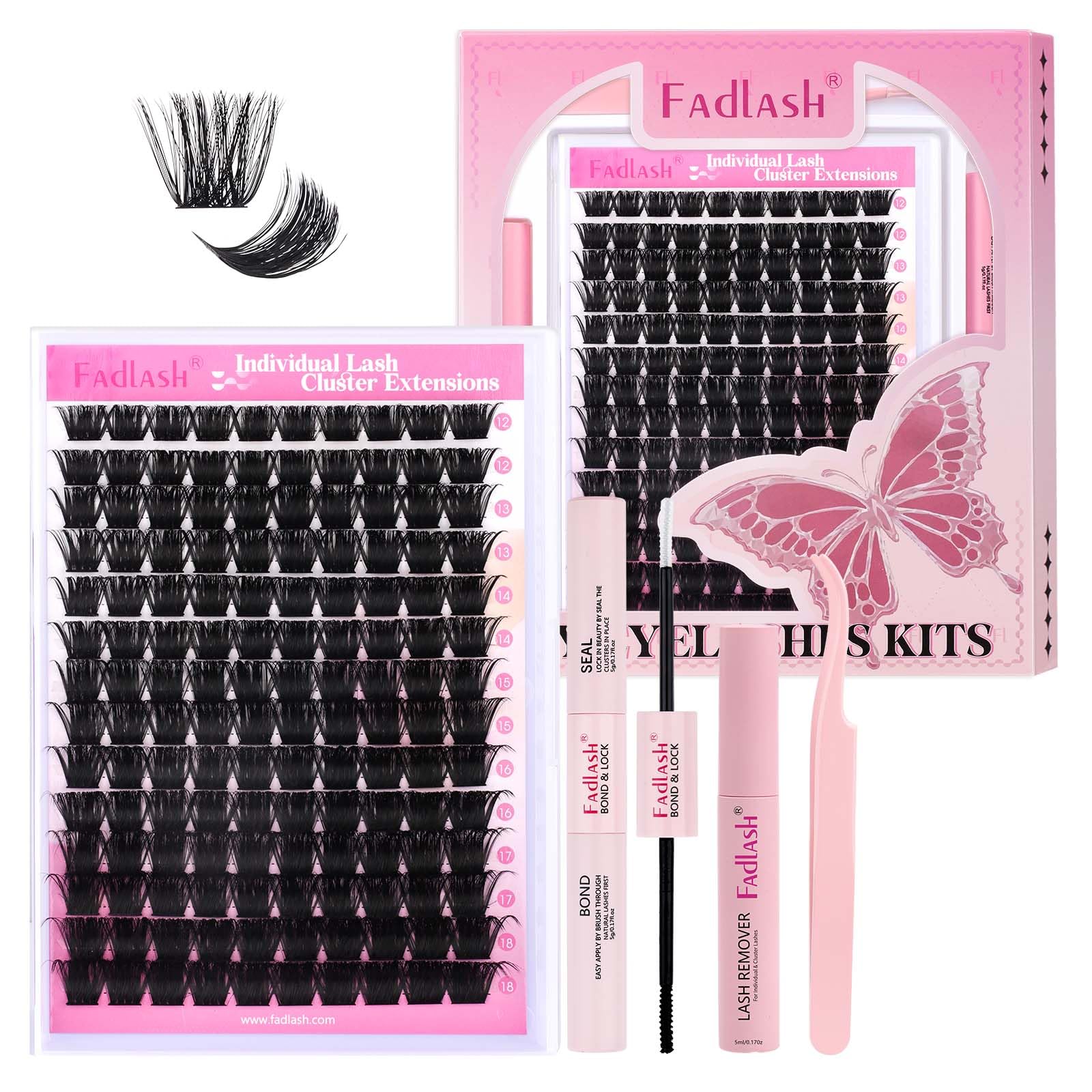 FADLASH Lash Extension DIY Kit Lash Clusters D Curl Cluster Lashes with Lash Bond and Seal Cluster Lashes Glue Remover Lash Tweezers for DIY Eyelash Extension at Home(Kit 200D-0.07D-12-18MIX), black