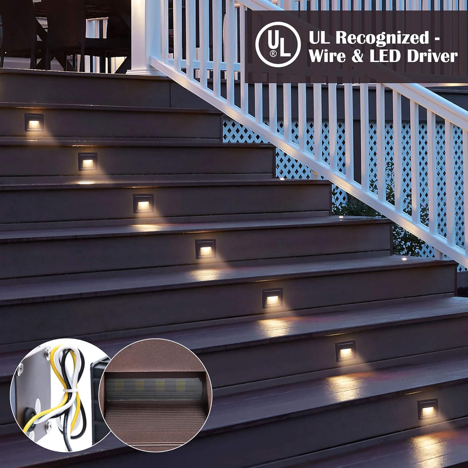 Exclusive Special SUPERDANNY 120V LED Step Light with Junction Box, Indoor/ Outdoor IP65 Waterproof 3000K Warm White 3W Stair Light Fixture, Wall Mount Square Staircase Lamps for Pathway Driveway Yard Lawn, 4 Pack