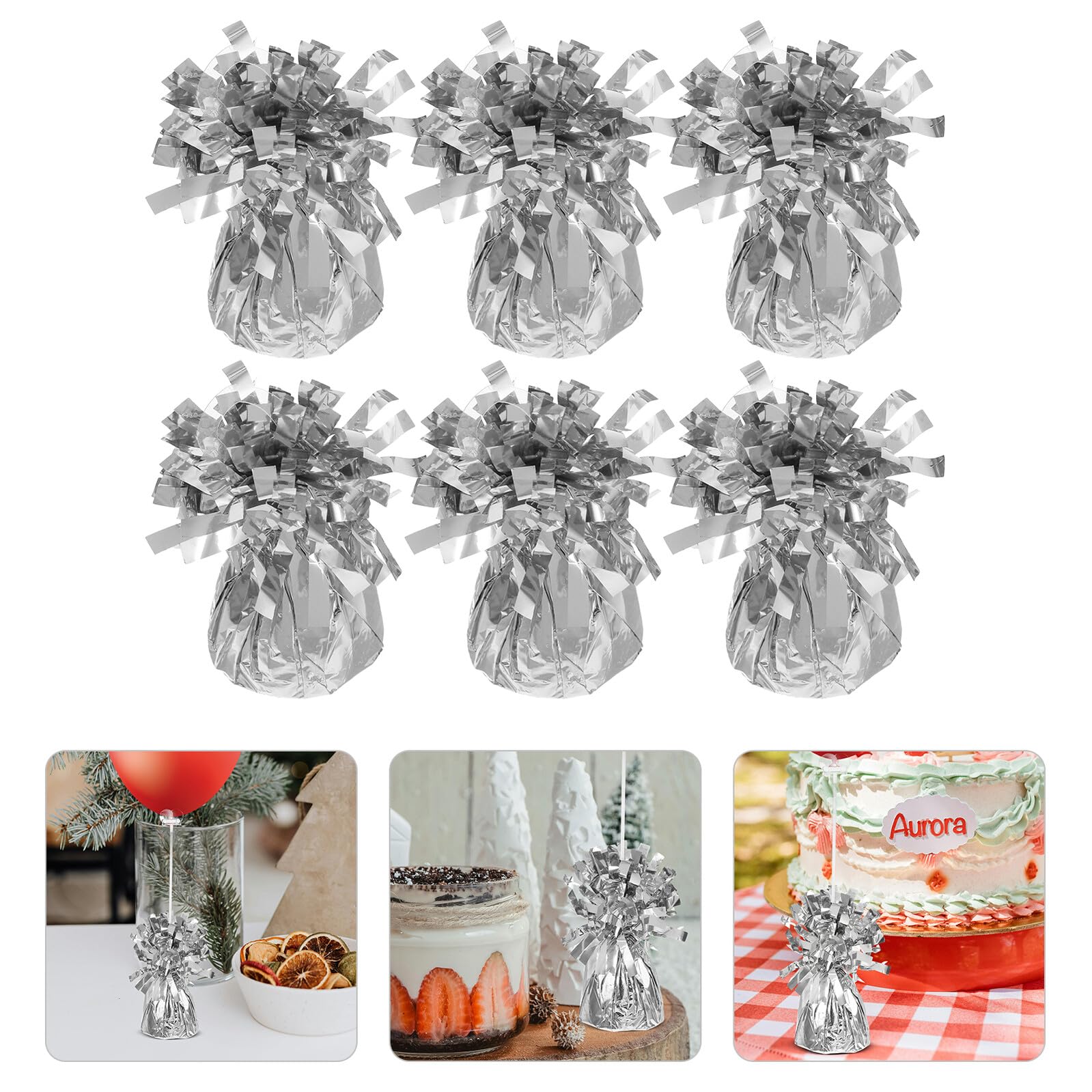 Ballongewichte aus Pvc und Zement Silberne 6 Stück für Festdekorationen | Metallisch Plastische Optik, Passend für Babyparty und Junggesellinnenfeier, Einfach zu Verwenden