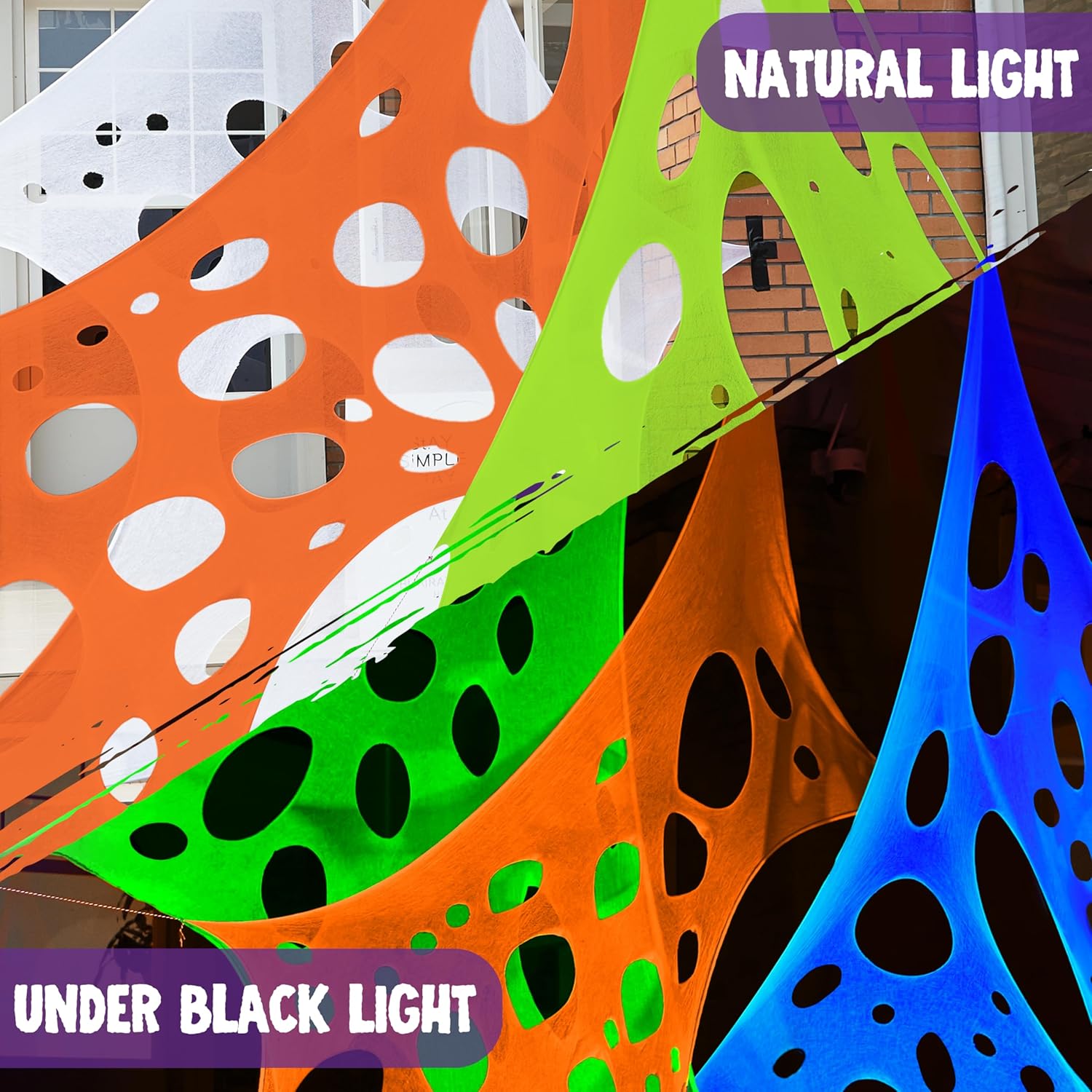 JOYIN 1000sqft Halloween Spider Web Decoration Outdoor, Glow-in-The-Dark Giant Spiderweb, DIY Stretchy Flexible Beef Netting in White (Blue at Night) Green, Orange for Neon Decor Indoor Haunted House