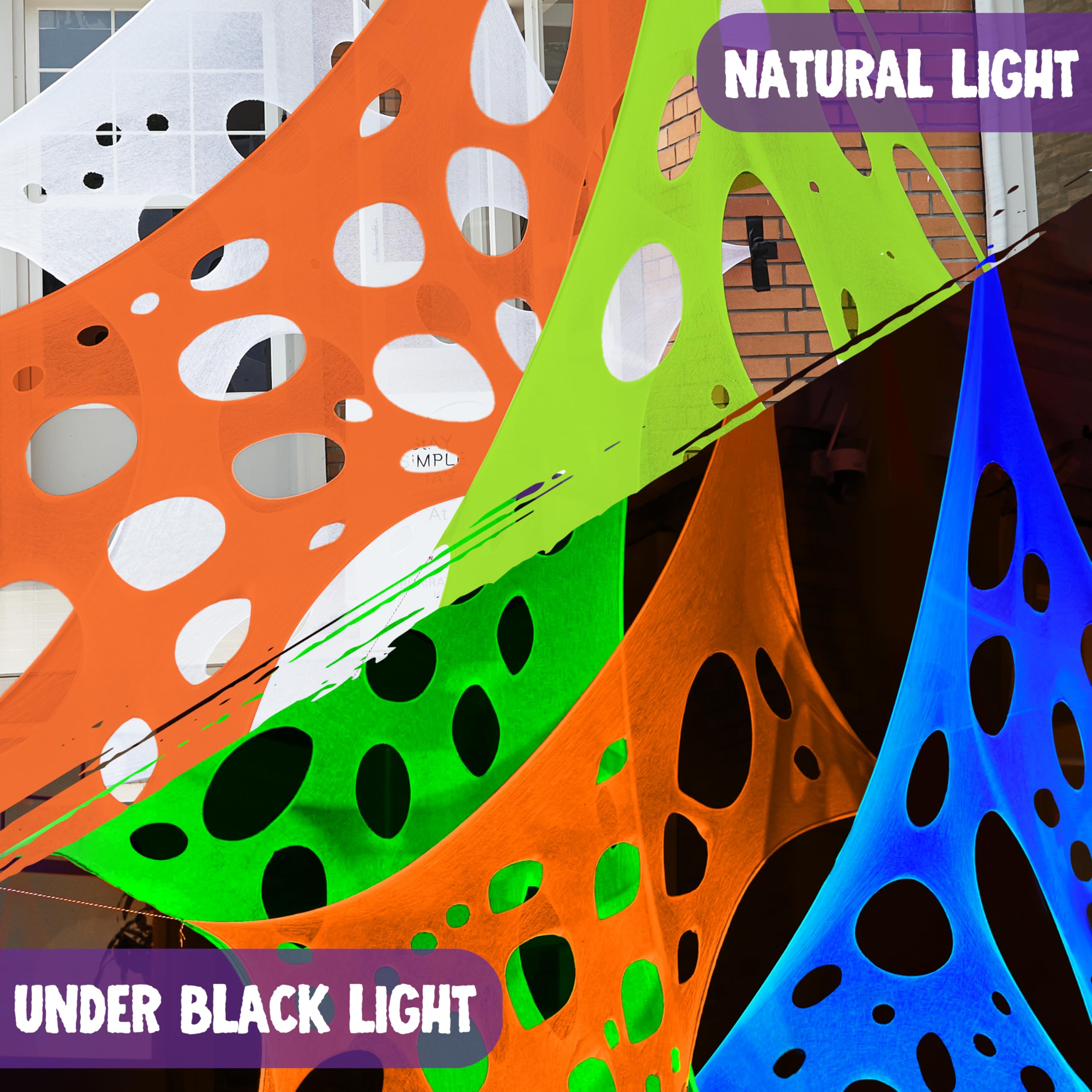 JOYIN Telaraña de Halloween de 1000 pies Cuadrados, decoración al Aire Libre, telarañas Gigantes Que Brillan en la Oscuridad, telaraña elástica Flexible en Blanco (Azul por la Noche), Verde, Naranja