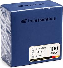 Inoverse Pack of 100 Napkins 2-Ply 1/4 Fold 33 x 33 cm, Blue - Plain Paper Napkins Disposable for Wedding, Party & Gastro, Decorative Table Napkins