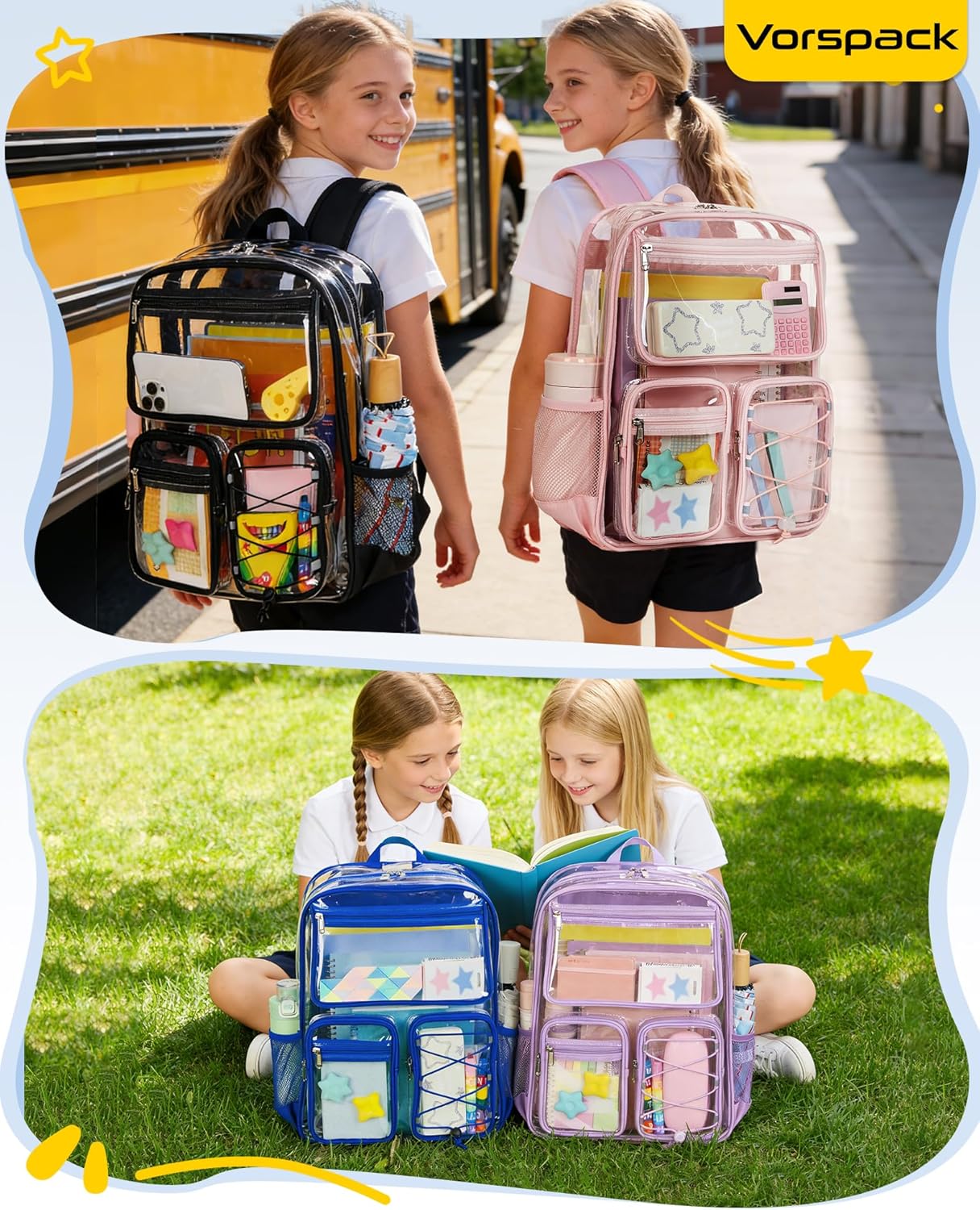 Vorspack Clear Backpack for School - Heavy Duty Clear Bookbag for Girls Boys Large Multi-Pocket See Through Backpacks for Teens, Travel, Work, Festival - Black - Image 6