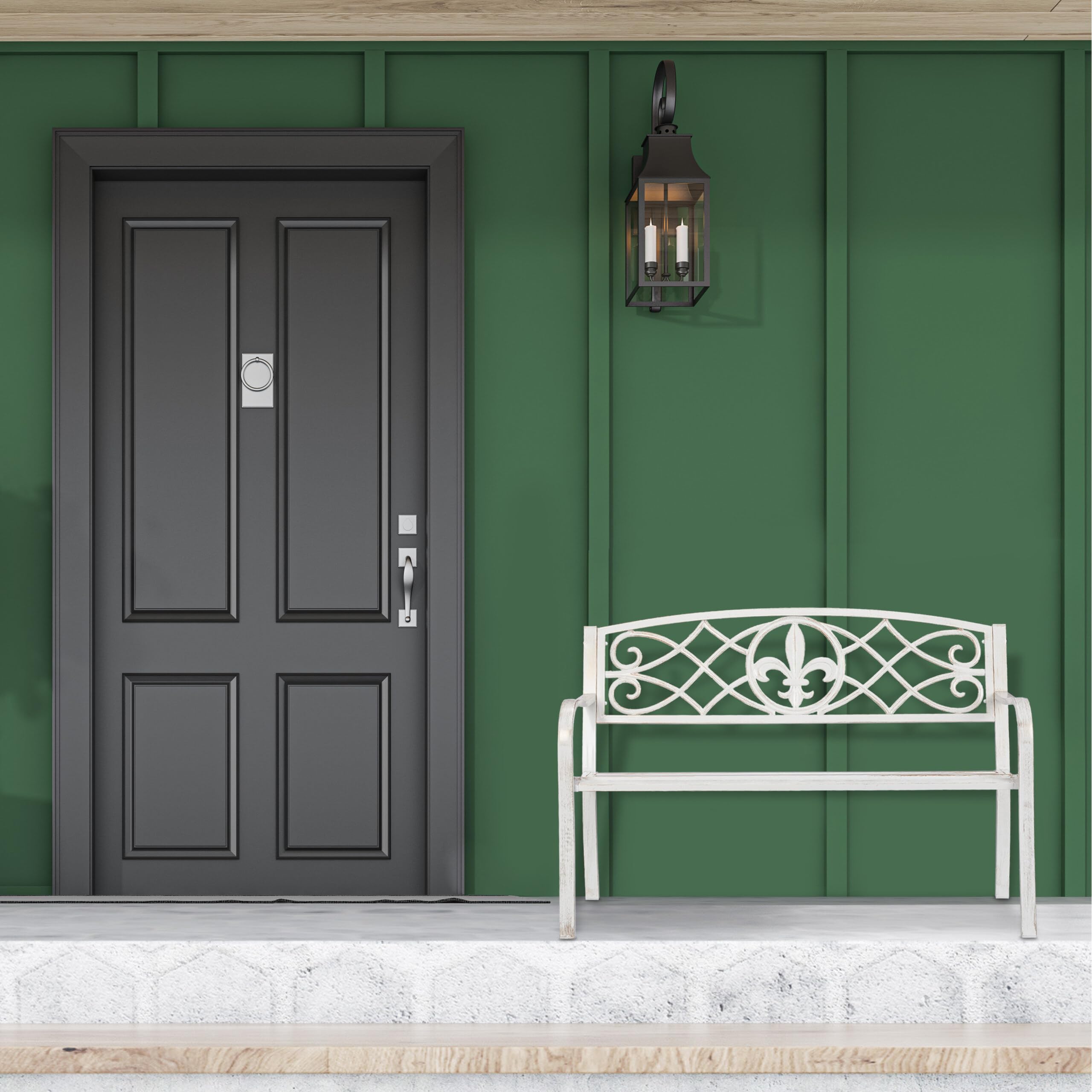 Relaxdays Banco Jardín, Banco Parque Metal, Asiento Respaldo de Hierro Fundido, Exterior, 86x127x57 cm, Blanco y Bronce