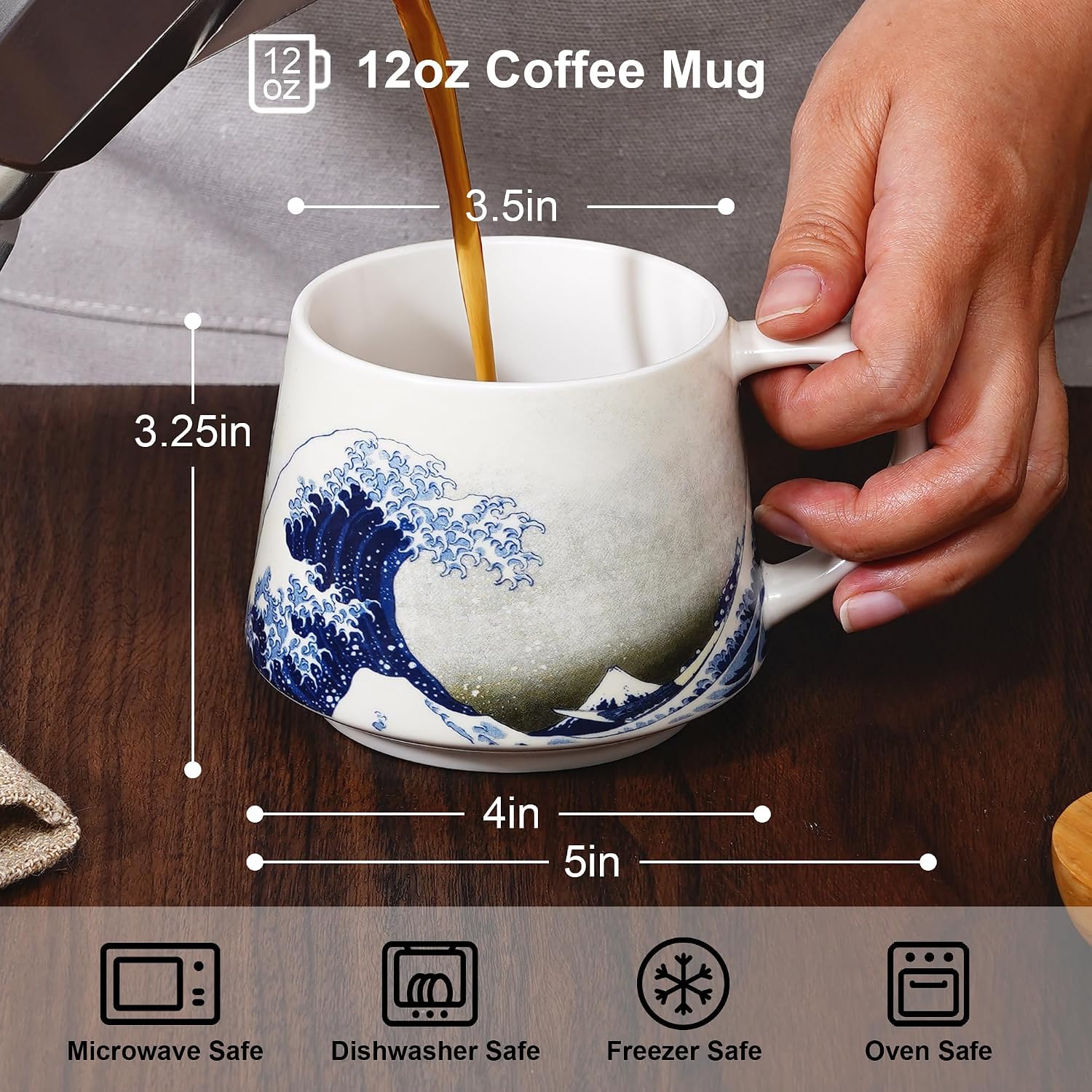 Topadorn 12oz Ceramic Coffee Mug with Handle, Great Wave Porcelain Tea Cup
