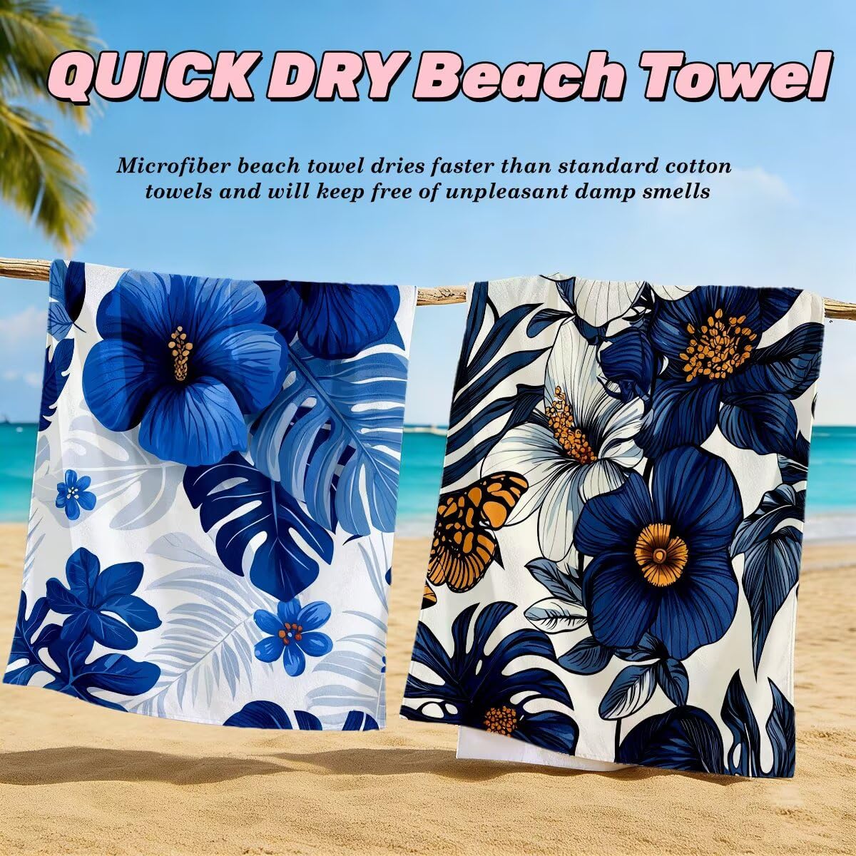 Ręcznik plażowy XXL, 90 x 200 cm, zestaw 2 szt., z mikrofibry, ręcznik plażowy w kwiaty, szybkoschnący, ręcznik do sauny, ręcznik fitness, ręcznik plażowy, do sauny, duży ręcznik kąpielowy, prezent