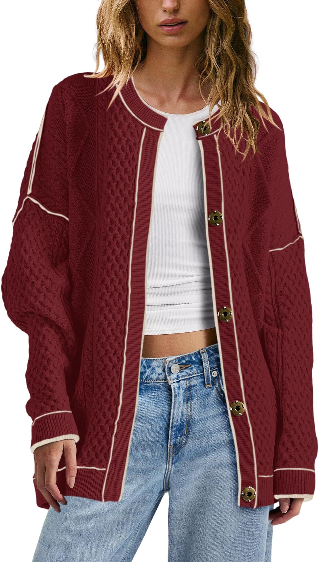 Womens Oversized Cable Knit Cardigan Sweaters Lightweight Button Down Cardigan Fall Striped Jackets with Pockets