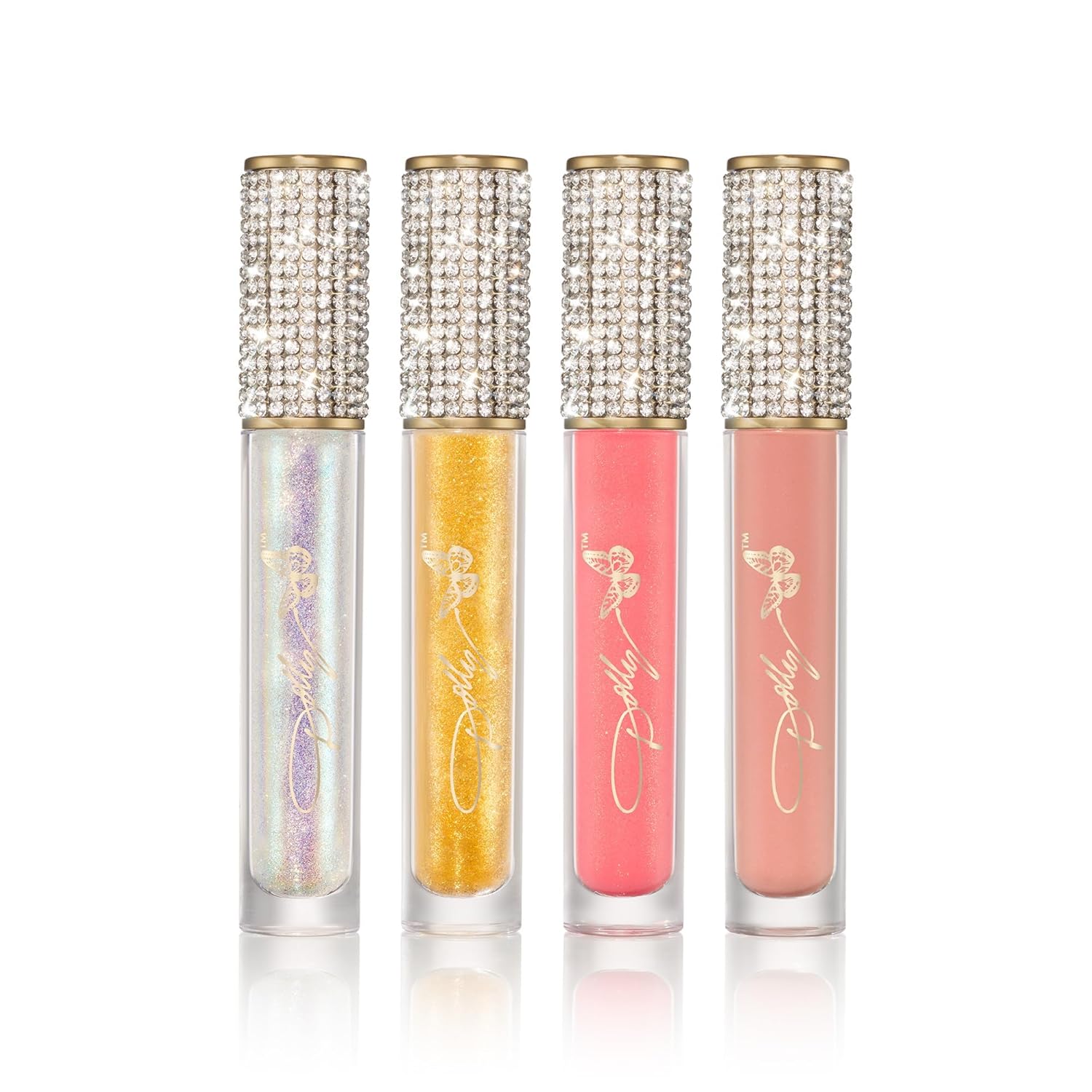 Dolly Beauty Hi-Gloss Lips Bundle - Crushed Rhinestone Gold Dust Very Pink and Rose Petal - 4 Pack
