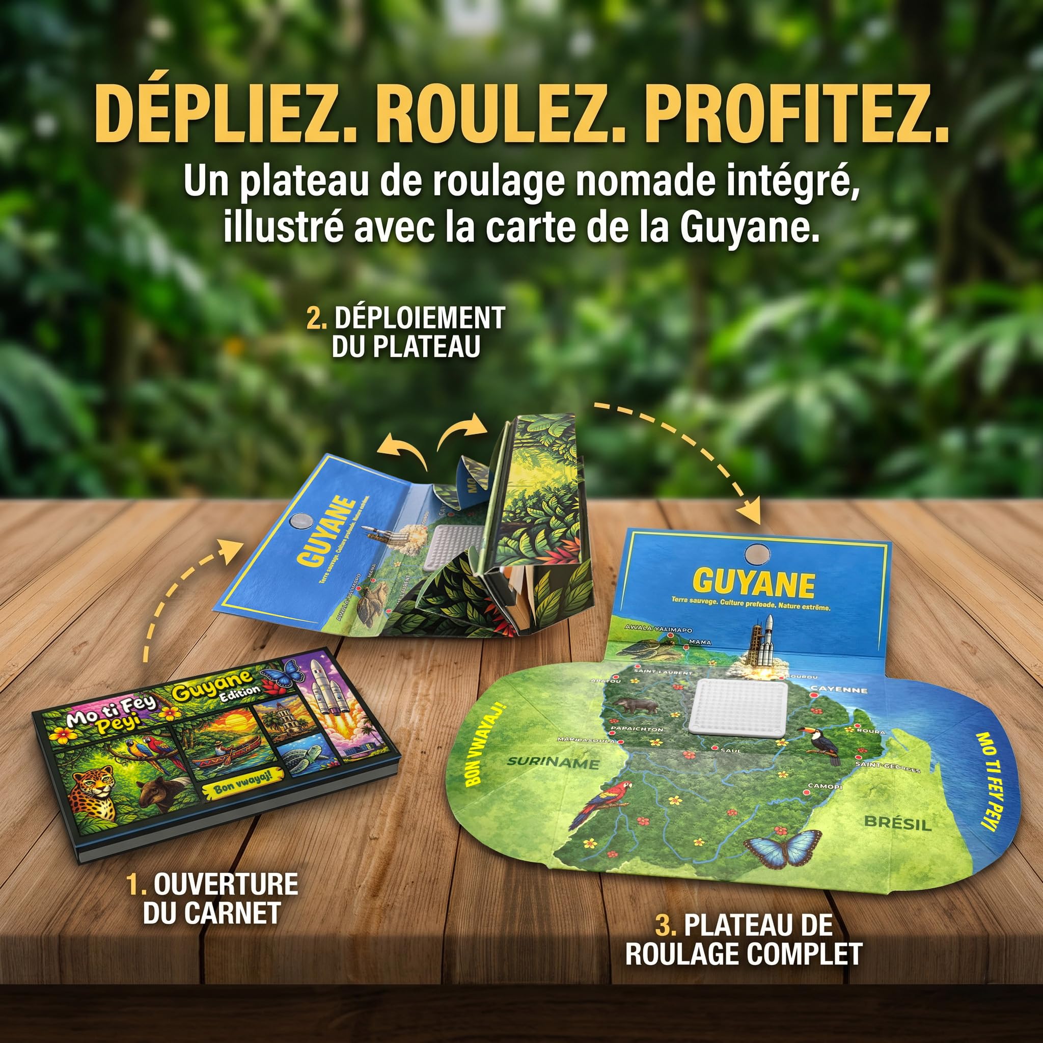 Feuilles à Rouler Slim en Chanvre Naturel – Boite de 15Carnets x 32Feuilles + Tips + Grinder + Plateau – Pack Complet 4-en-1 Premium – Édition Guyane Amazonie - Mo Ti Fey Péyi