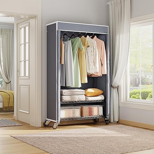 Miniatura 8 de H4 - Perchero resistente para ropa con cubierta, perchero enrollable con ruedas, armario portátil para colgar ropa, perchero negro para ropa con