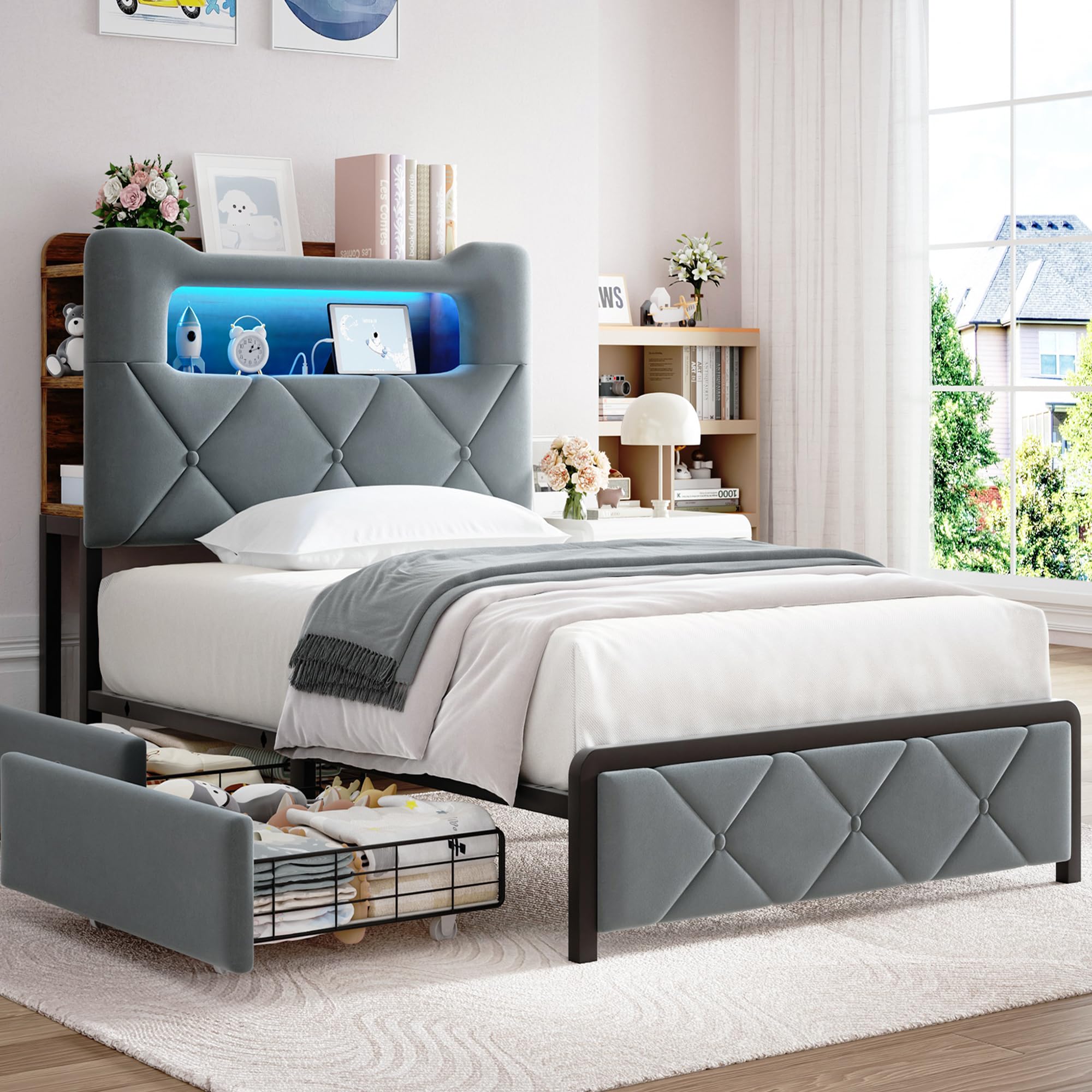 jocoevol twin upholstered led bed frame with 2 storage drawers and 2-tier storage bookcase headboard, velvet platform bed for kids/girls/boys, corner bed frame, heavy duty metal support, grey