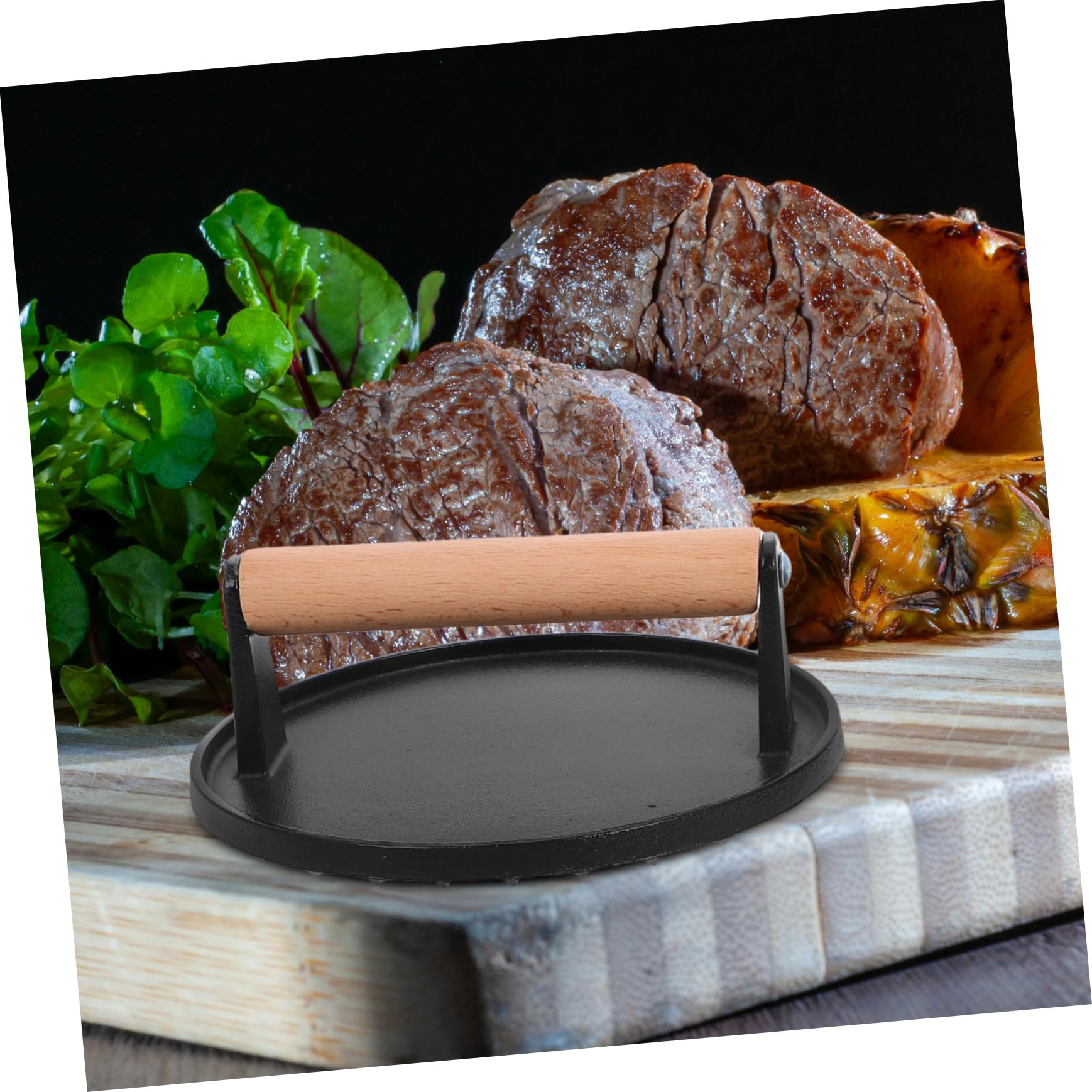 Cabilock Prensa de Barbacoa de Hierro Fundido con Mango de Madera, Placa Larga sin Revestimiento, Prensa para Hamburguesas y Filetes, Utensilio Cocina para Barbacoa, Juego de 2 Piezas