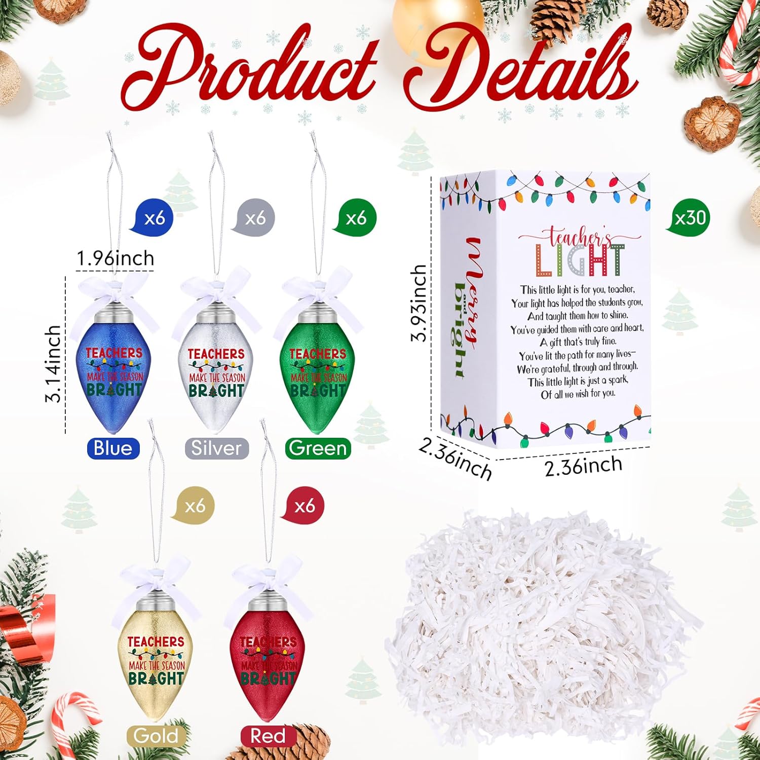 30 Set Teachers Christmas Gifts Bulk Light Bulb Ornaments Hanging Glitter Plastic Lightbulbs with Box Thank You Christmas Appreciation Gifts for Teacher Xmas Tree Decoration